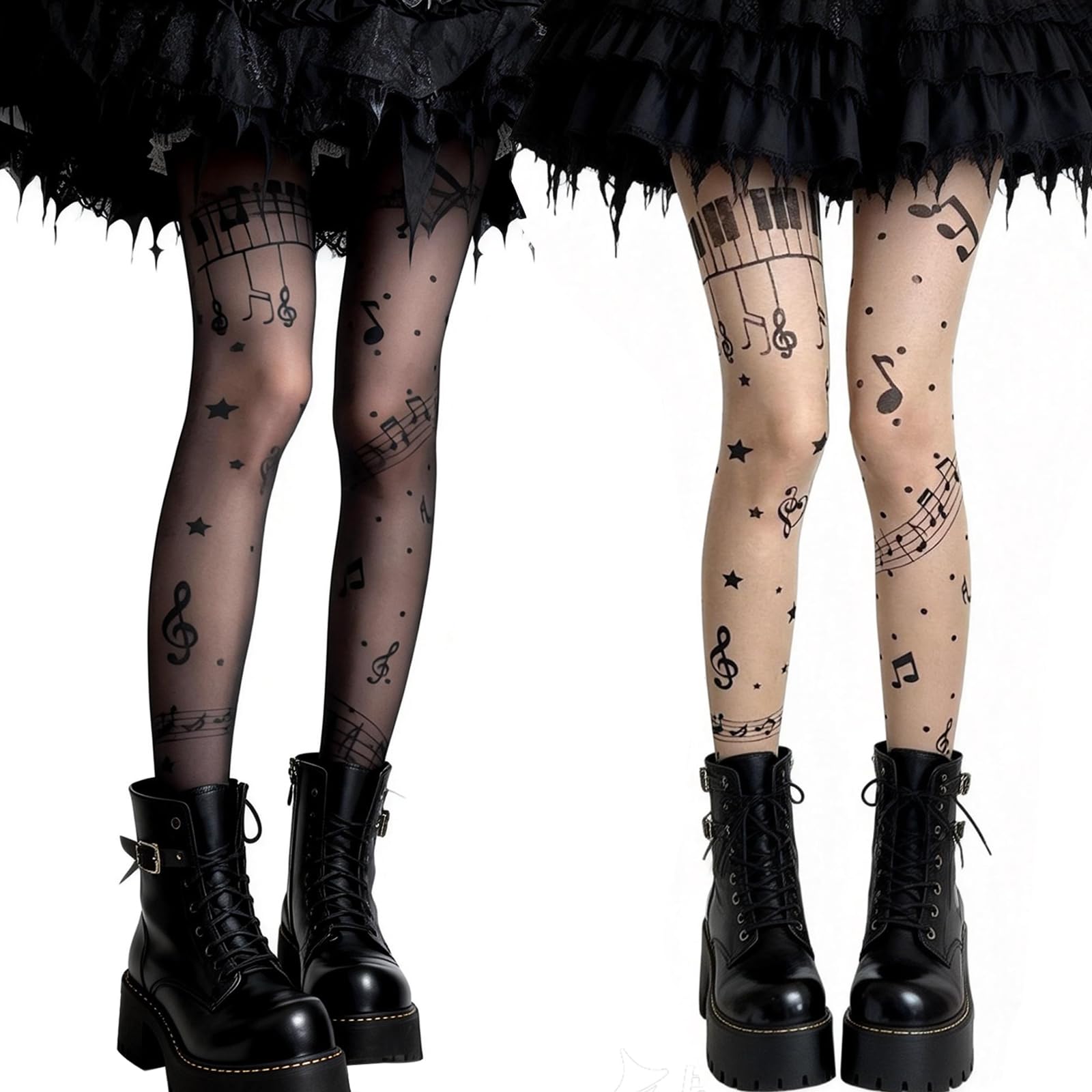 Techplus Women's Skin Color 2-Pack Music Note Tights - Patterned Sheer Pantyhose For | Y2k Gothic Lolita Leggings | Fun Clothes Accessories