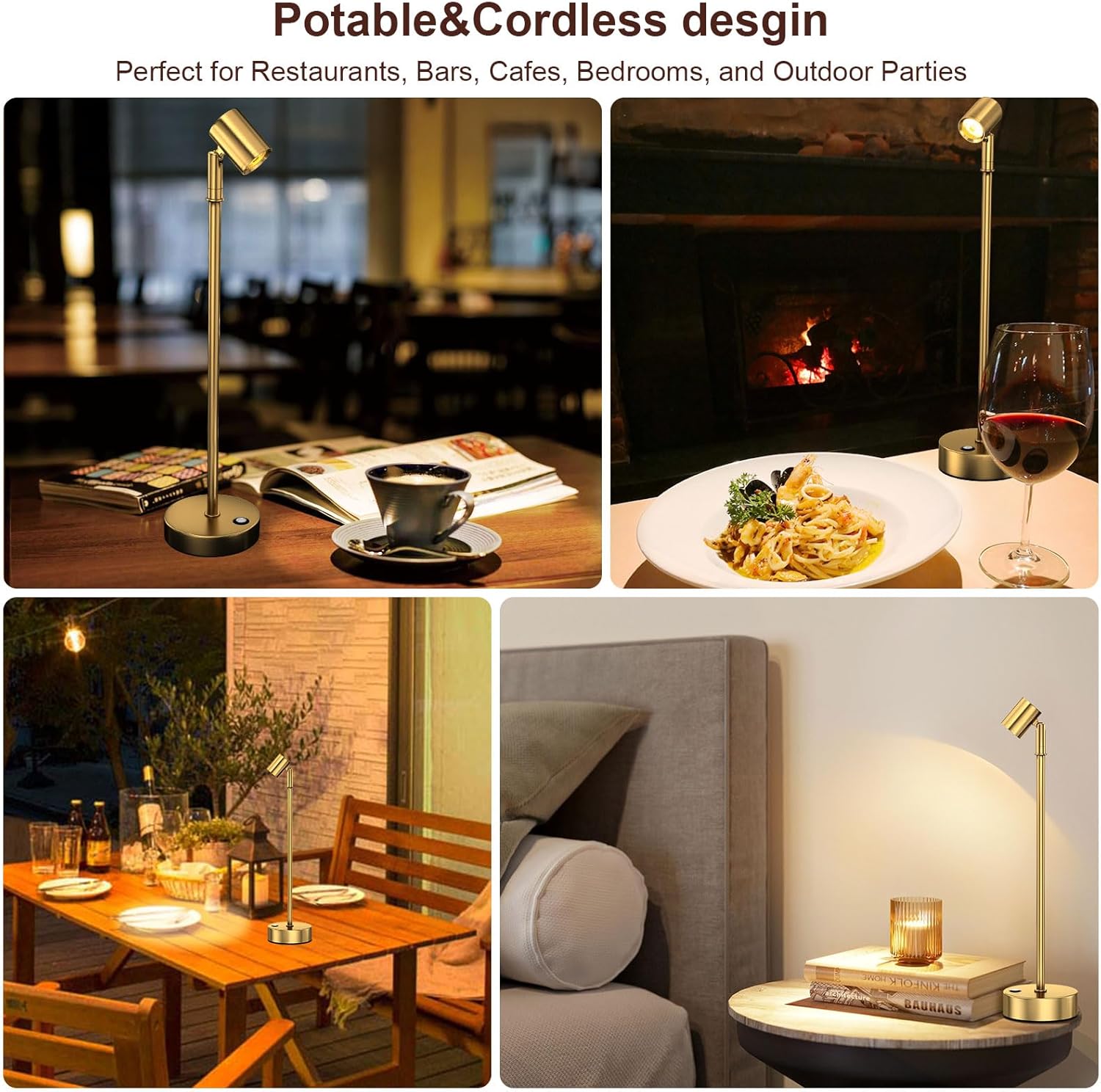 IMAGE Golden Cordless Spotlight High-Power Adjustable Table Accent Light for Plants, Artwork, Jewelry Displays, Shelves, and Cabinet, Warm White Wireless, USB Type-C, for Home, Restaurant, and Bar