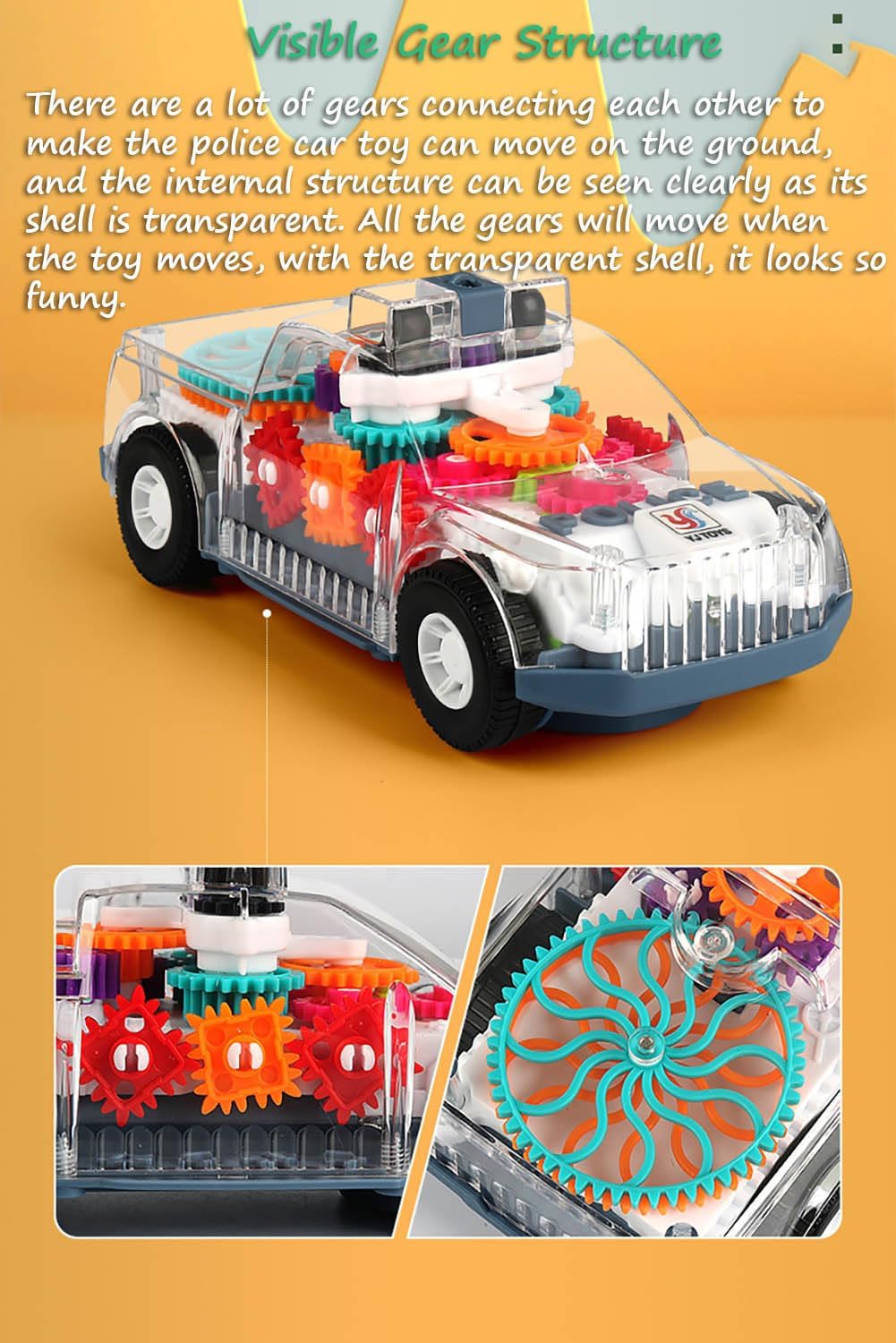 Miracland 3D Transparent Gear Police Car Toy for Kids, Light-Up Musical Toddler Patrol Wagon, See-Inside Working Car Toy for Boys and Girls