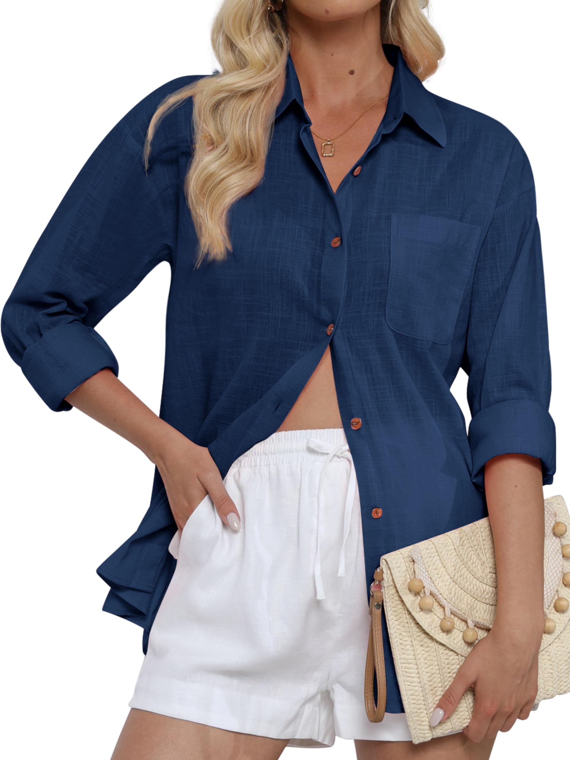 CUNLIN Women's Button Down Shirts Long Sleeve Cotton Summer Beach Wear for Women with Pocket