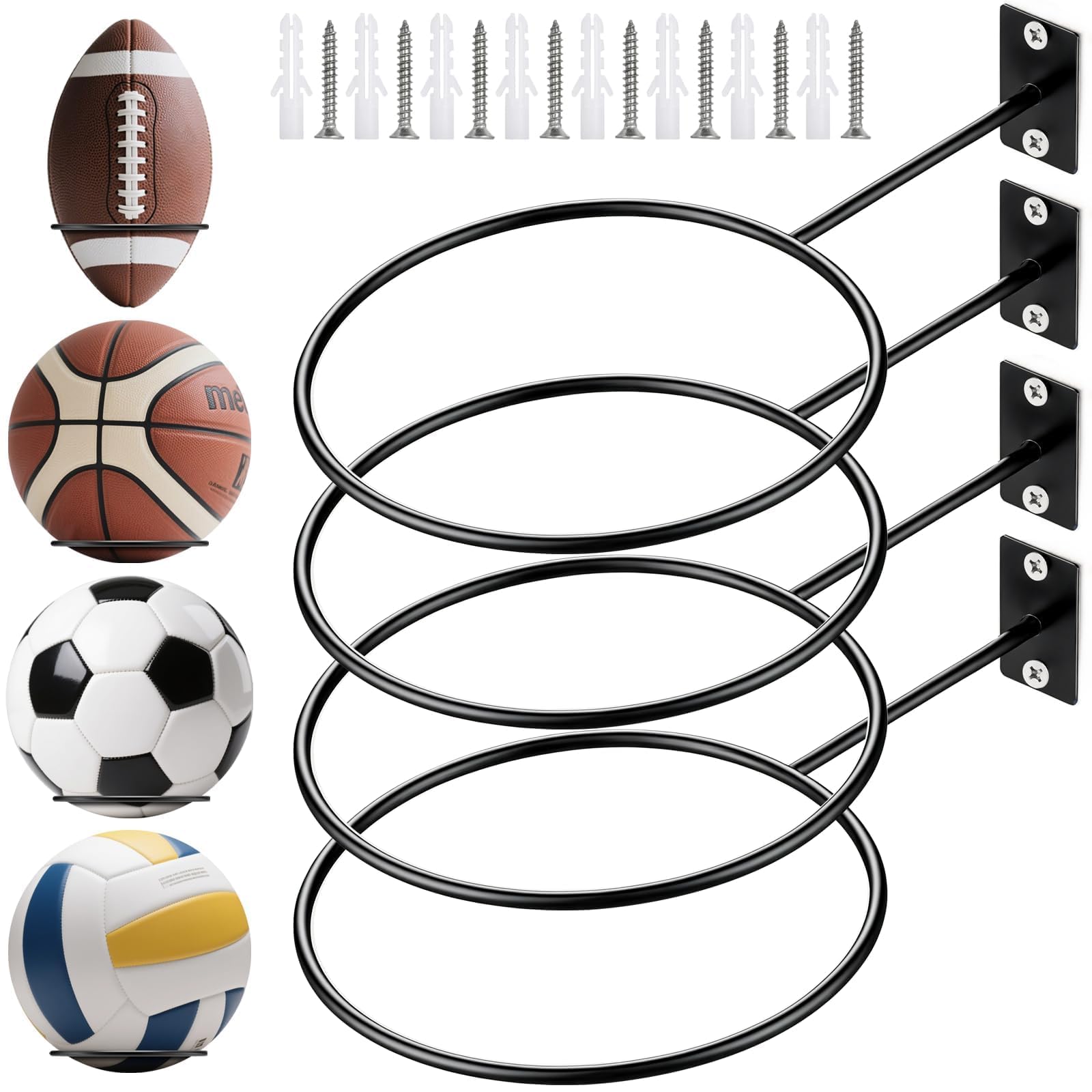 Pack of 4 Ball Holder Wall Basketball Football Holder Wall Ball Stand Wall Mounted Ball Wall Mount with Screws and Plastic Dowels for Basketball Football Rugby Ball Volleyball Metal Black
