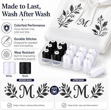 Simthread Machine Embroidery Thread with Storage Box 1000M (1100Y) Polyester 15 Spools Set for Embroidery Sewing Machine (9 White 6 Black)
