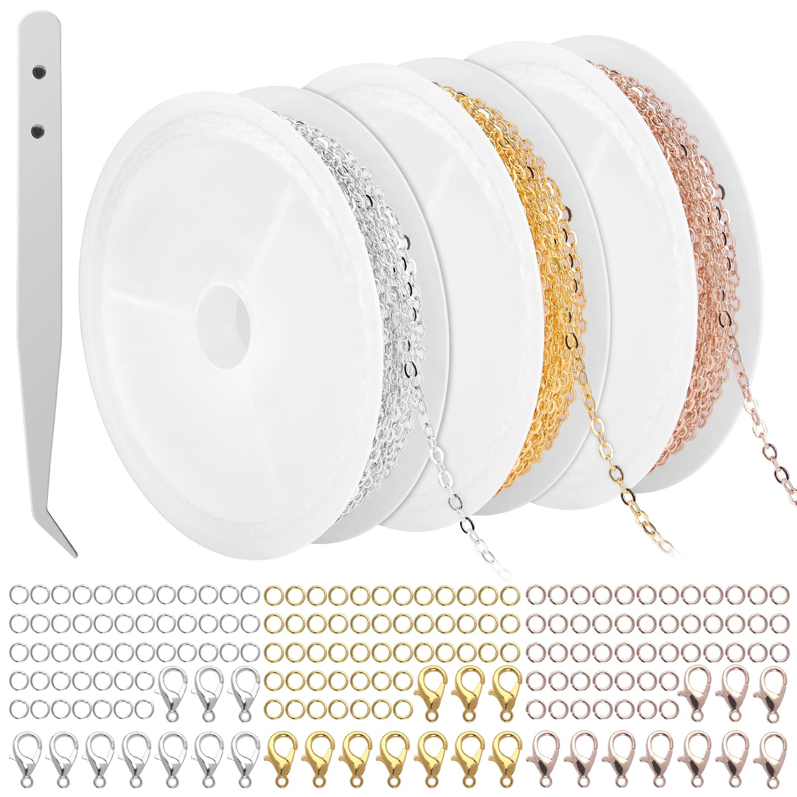 JIANGZHIB 3 Rolls 300 cm Link Chain, 3 Colours Chains, Rose Gold, Gold and Silver