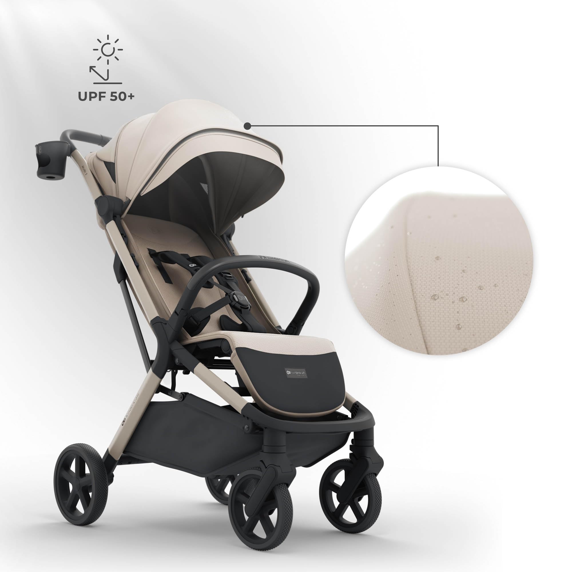 Kinderkraft NUBI 3 Poussette jusqu'à 22 kg, poussette, avec pliage automatique, capote imperméable, filtre UPF 50+, poids léger 8,7 kg, position allongée, harnais de sécurité 5 points, beige