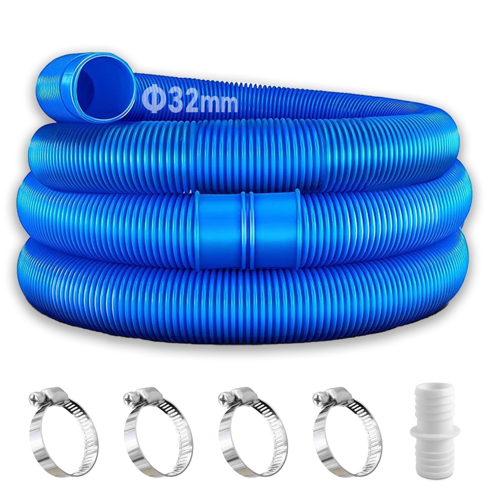 2 mangueras azules de piscina de 32 mm para bombas de piscina con 4 clips de seguridad y 1 conector de manguera, manguera de piscina de 150 cm de 32 mm, para bomba de filtro y piscina