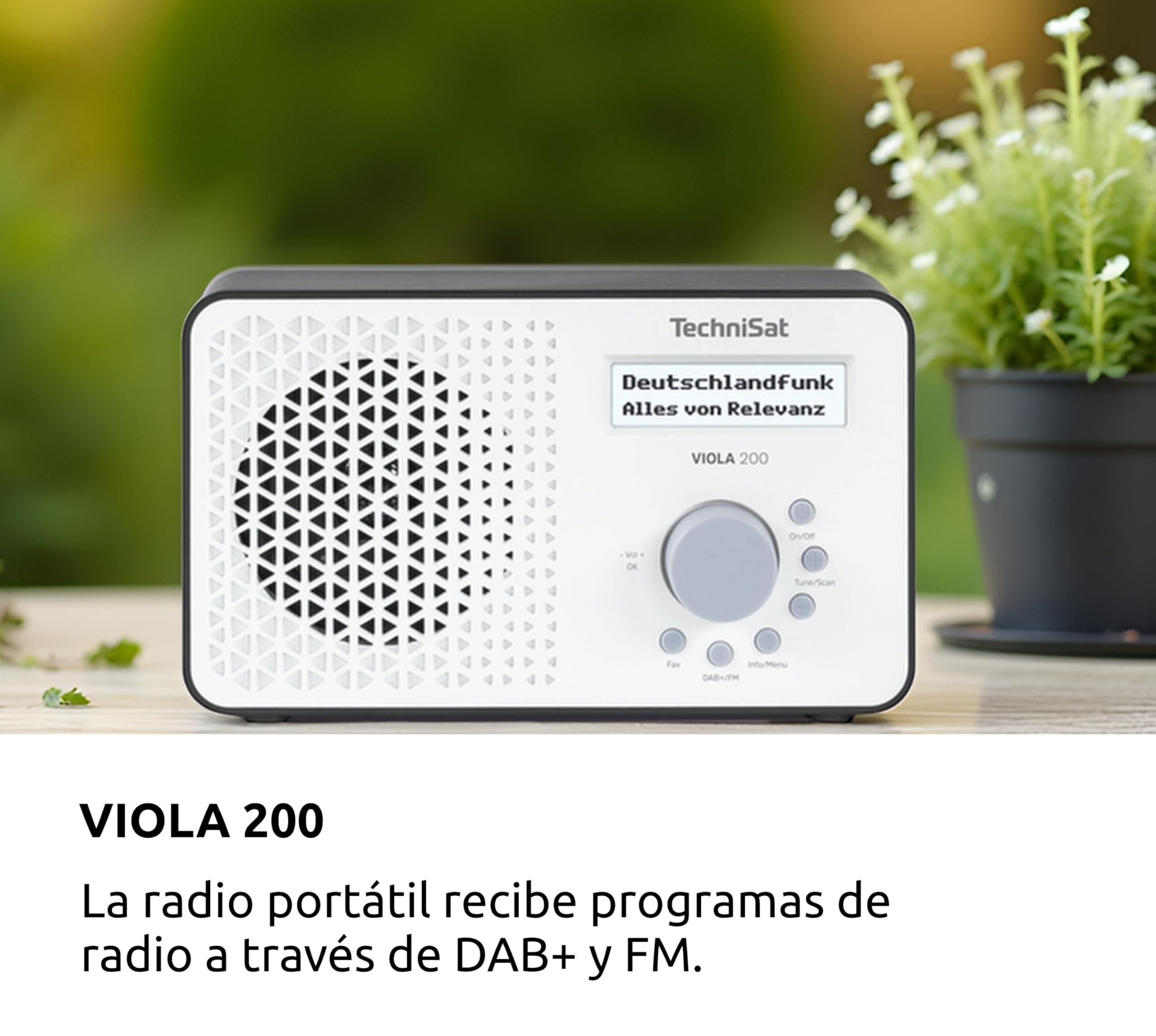 TechniSat Viola 200 - Radio portátil Dab+/FM (con Pantalla LCD, Antena telescópica, Memoria de Favoritos, Salida para Auriculares, Funcionamiento con Red y Pilas, Altavoz Mono, RDS, PLL) Blanco/Negro