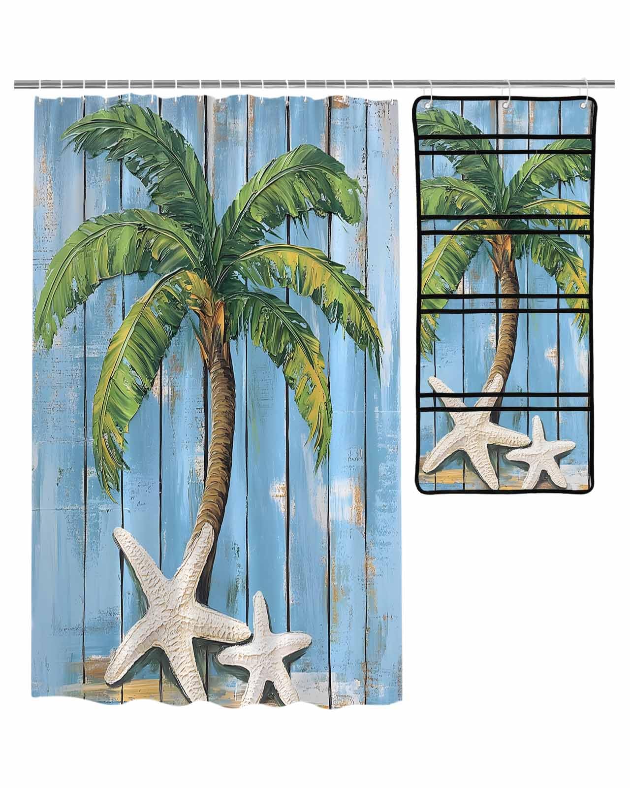 ZFUNCING Shower Curtain Mesh Shower Organizer Set Summer Beach Coconut Tree Starfish Waterproof Bath Curtains Hanging Shower Caddy