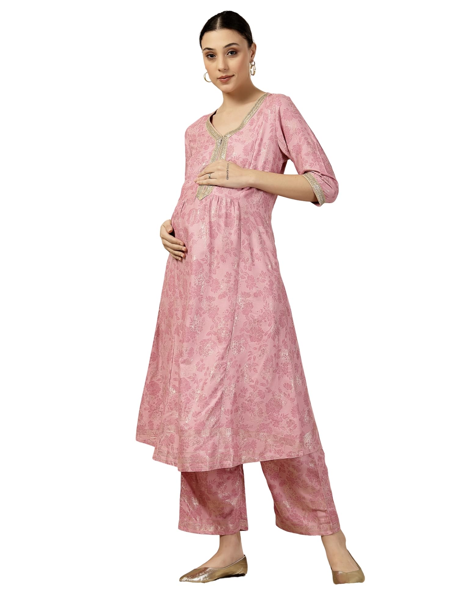 Elegant A-Line Kurta Pant Set with Feeding Zip | Rayon Maternity & Nursing Kurti with Pants, Concealed Zip Access & Pocket | Pregnancy & Postpartum Friendly-image-45