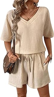 Conjunto de blusa de muselina para mujer, de dos piezas, para verano, corto, de algodón, para playa, blusa, pantalones cortos y pantalones cortos, tallas 36, 38, 40 y 42