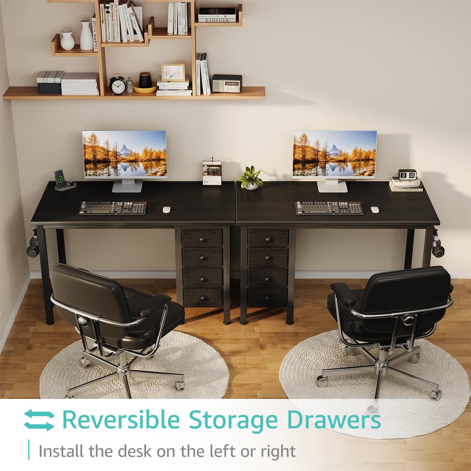 Lufeiya Small Gaming Desk with 4 Fabric Drawers, 40 Inch Kids Girls Teen Cute Study Desk for Bedroom, Reversible Work Computer Writing Table Desks for Small Space Home Office, Black