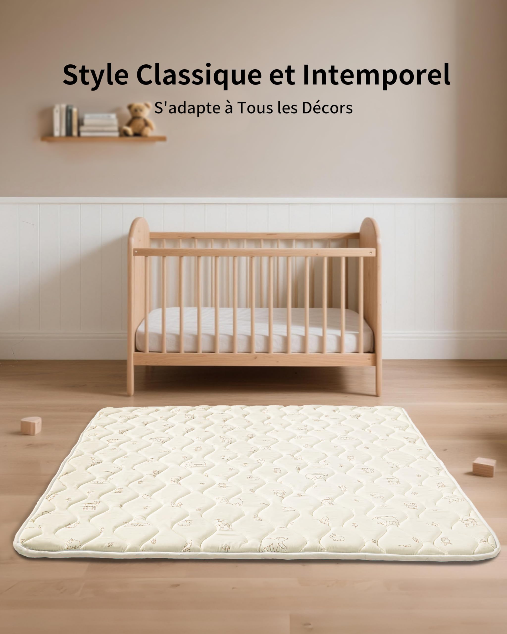 Tapis Bébé Pliable 120x120cm Antidérapant Matelas Mousse Lavable Motricité Sol Parc 0-24 Mois Forêt Beige