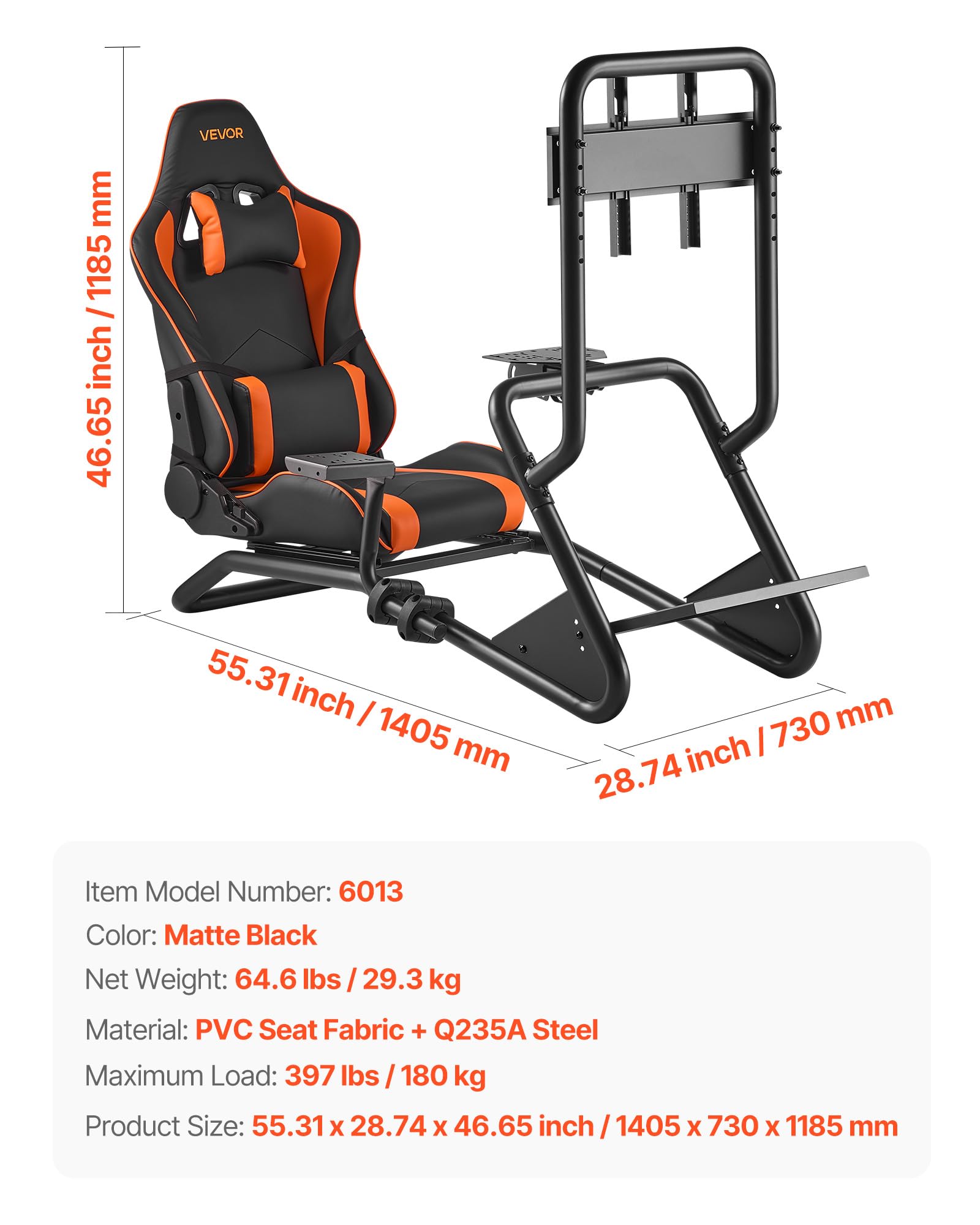 VEVOR Support de Volant de Course Cockpit de Simulateur de Conduite, Support d'Écran, Compatible Pédales Logitech G25, G27, G29, G920, G923, Thrustmaster T300RS, TX F458, T500RS, T3PA-PRO (F1/GT), CSR
