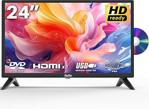 TuTu TV de 24 Tnch con reproductor de DVD integrado, 720P HD LED TV de pantalla plana pequeña con 3 HDMI, USB, VGA óptico, funciona simplemente no