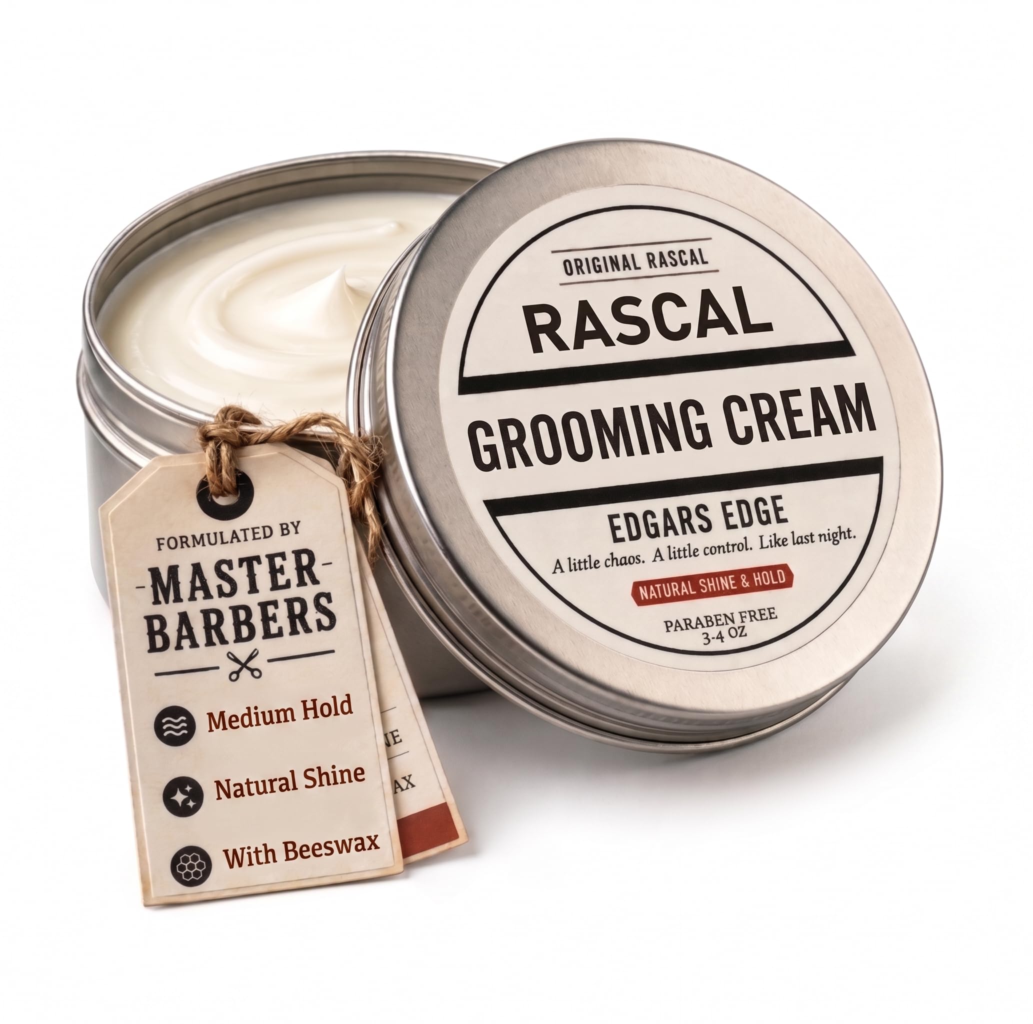 Rascal Original Edgar's Edge Grooming Cream - Hair Cream for Men with Medium Hold & Natural Shine, Mens Hair Conditioning & Styling Solution for All Hair Types, Made with Beeswax & Castor Oil - 3.4 Oz