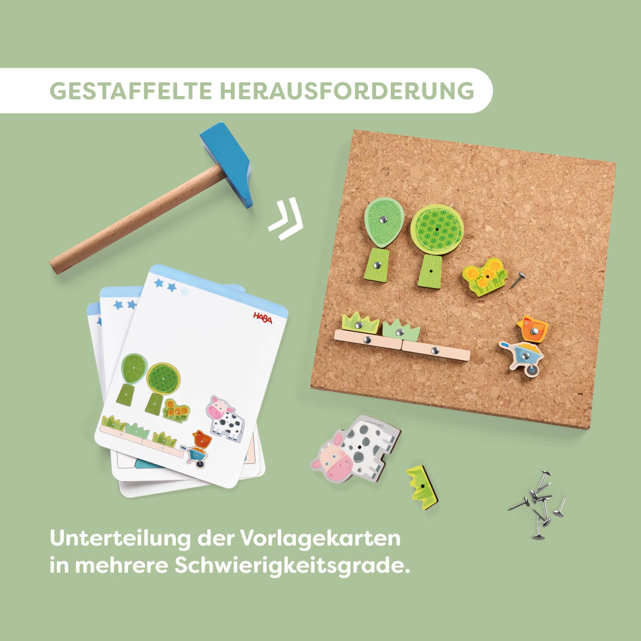 HABA Hammer-Nagelspiel: Bauernhof – Holzspielzeug mit Hammer und Nägel für Kinder ab 3 Jahren – Kreativspielzeug mit Korkplatte & Vorlagen – 2013378001
