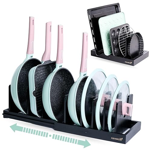 Bamboo Expandable Bakeware and Cutting Board Organizer, Adjustable Pot Lids Holder Rack, Cookie Sheet Baking Pan, Tray Organizer for Kitchen Storage (Black) - Black