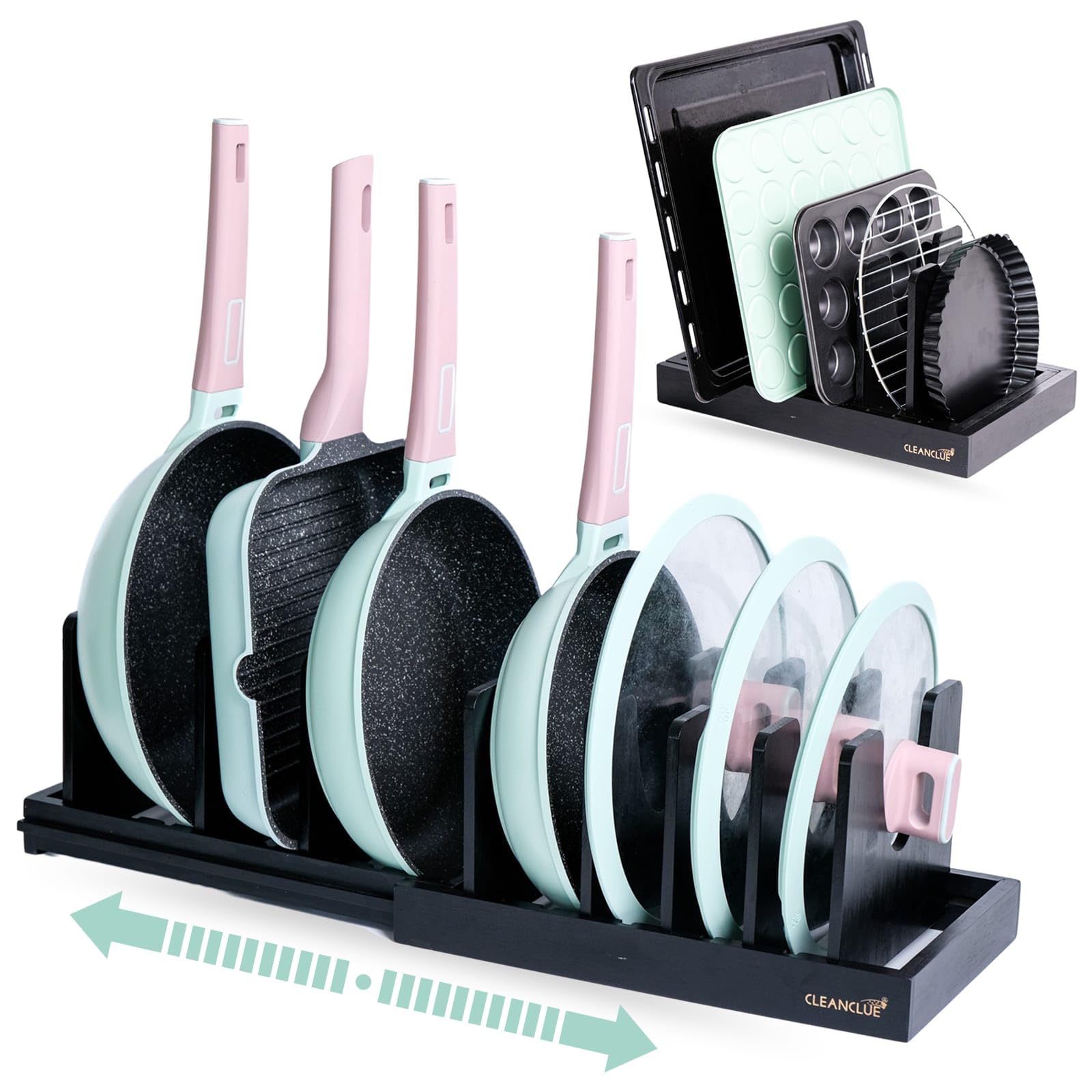 Organizador expandible de bambú para hornear y tabla de cortar, estante ajustable para tapas de ollas, bandeja para hornear galletas, organizador de bandeja para almacenamiento de cocina (negro)