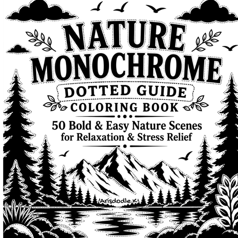 Nature Monochrome Dotted Guide Coloring Book: 50 Bold and Easy Nature Scenes for Relaxation and Stress Relief