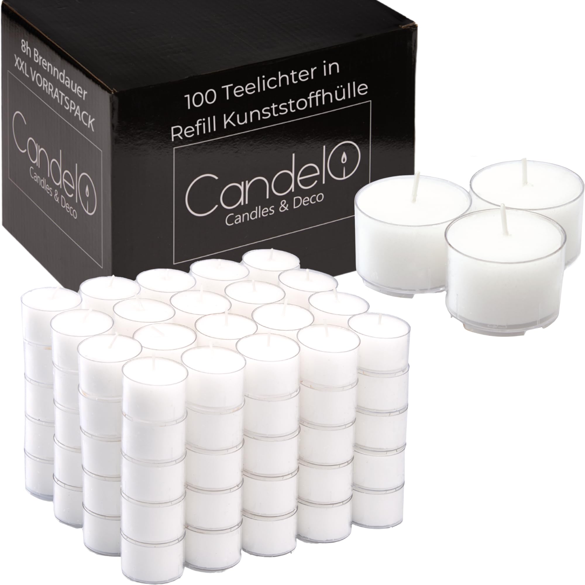 Candelo 100 velas de té de 8 horas de duración sin fragancia, carcasa de plástico transparente, paquete grande, velas de té inodoras en color blanco
