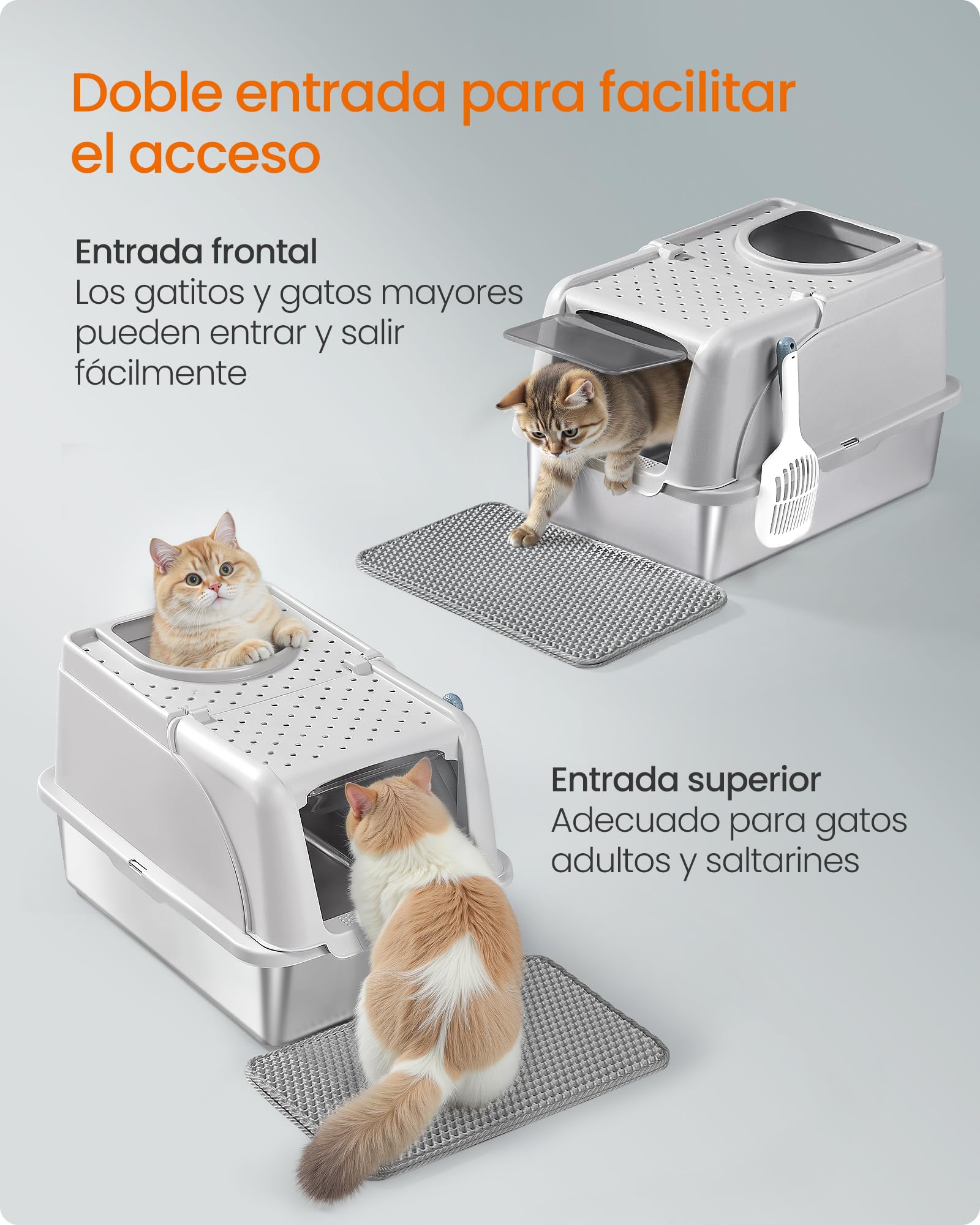 Feandrea Arenero para Gatos de Acero Inoxidable, Caja de Arena Cerrada con Tapa Abatible y Entrada Doble, Control de Olores, 61 x 40 x 36,5 cm, Gris, Colección Boxal PPT005G201