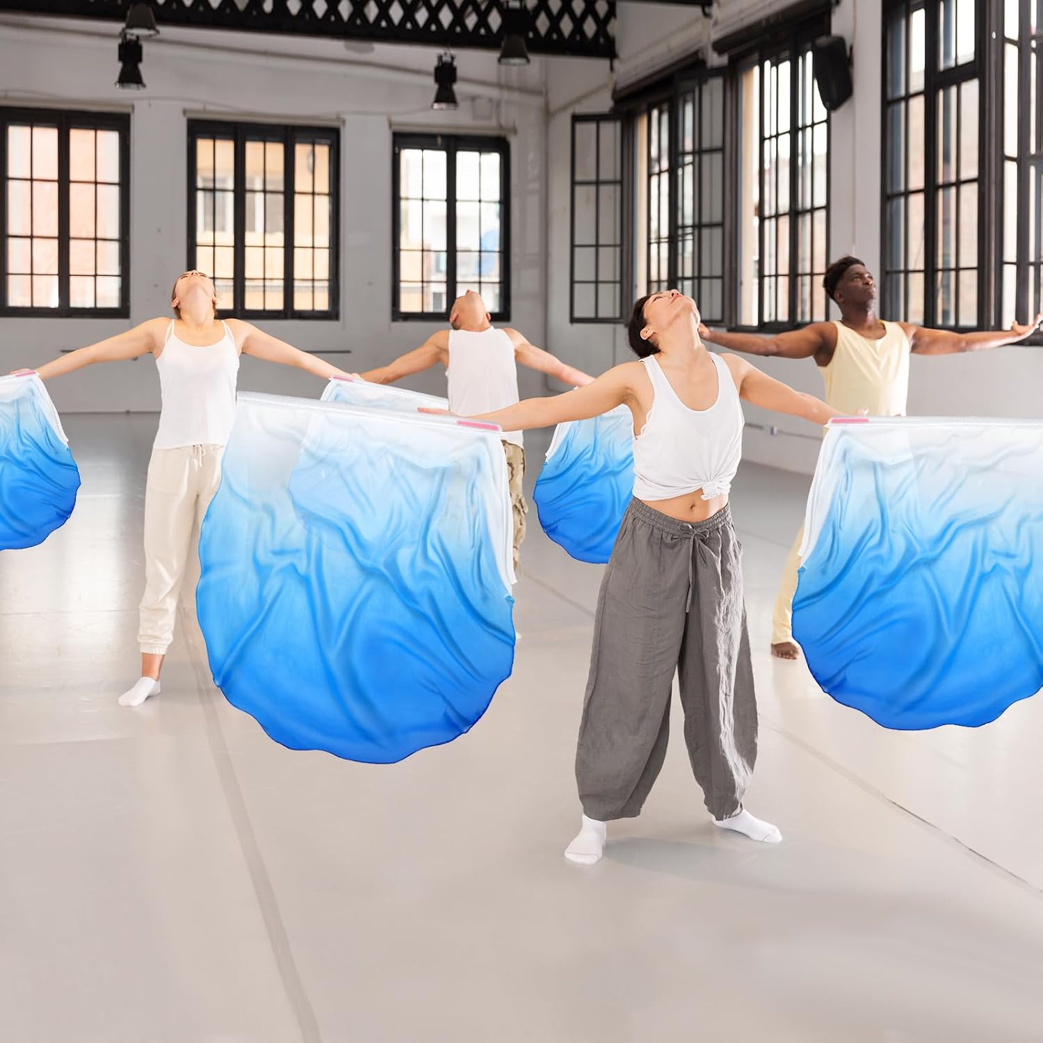 SmoothNovelty 4 Set Worship Flags 47 x 39 Inch Praise Dance Worship Flags with Scalable Rod Adore Angel Wing Flag Praise Church Banners for Adore Dance Practice Performance(White-blue Gradient)
