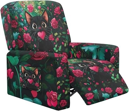 Black Cat Rose Couch Recliner Cover Breathable Soft Recliner Sofa Cover 4 Pieces Stay in Place Lazy Boy Recliner Chair Slipcover for Holiday Anniversary