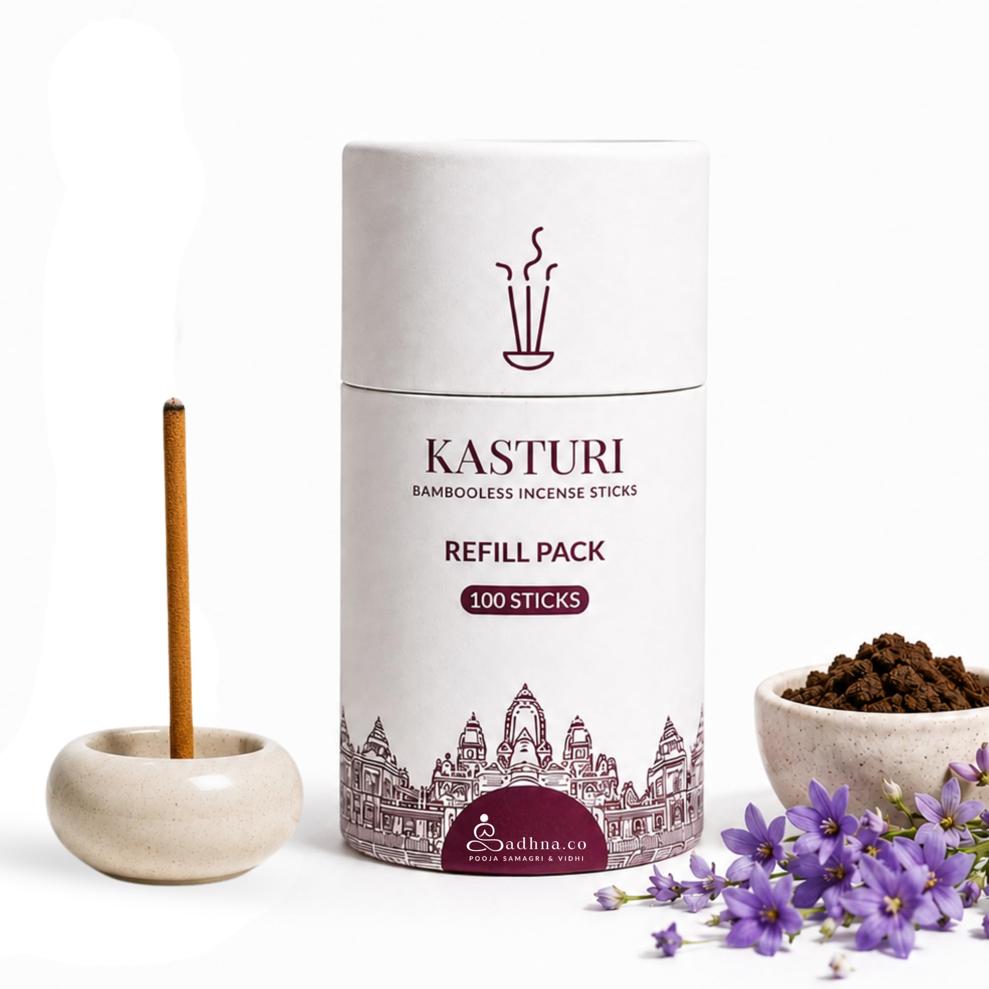 Sadhna.co Kasturi (Natural Musk) Bambooless Incense Sticks Refill for Home & Pooja (100 Sticks) | Warm Musky Natural Agarbatti | Chemical-Free Smokeless Dhoop Sticks for Meditation & Relaxation