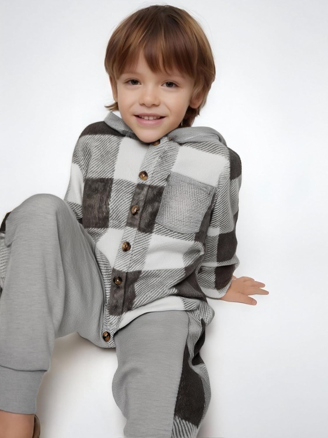 Boys Clothes Plaid Hooded Shirt 2pcs Outfit, Button Front Toddler Fall Winter Hoodie & Sweatpants Set, 4-8 years - Image 3