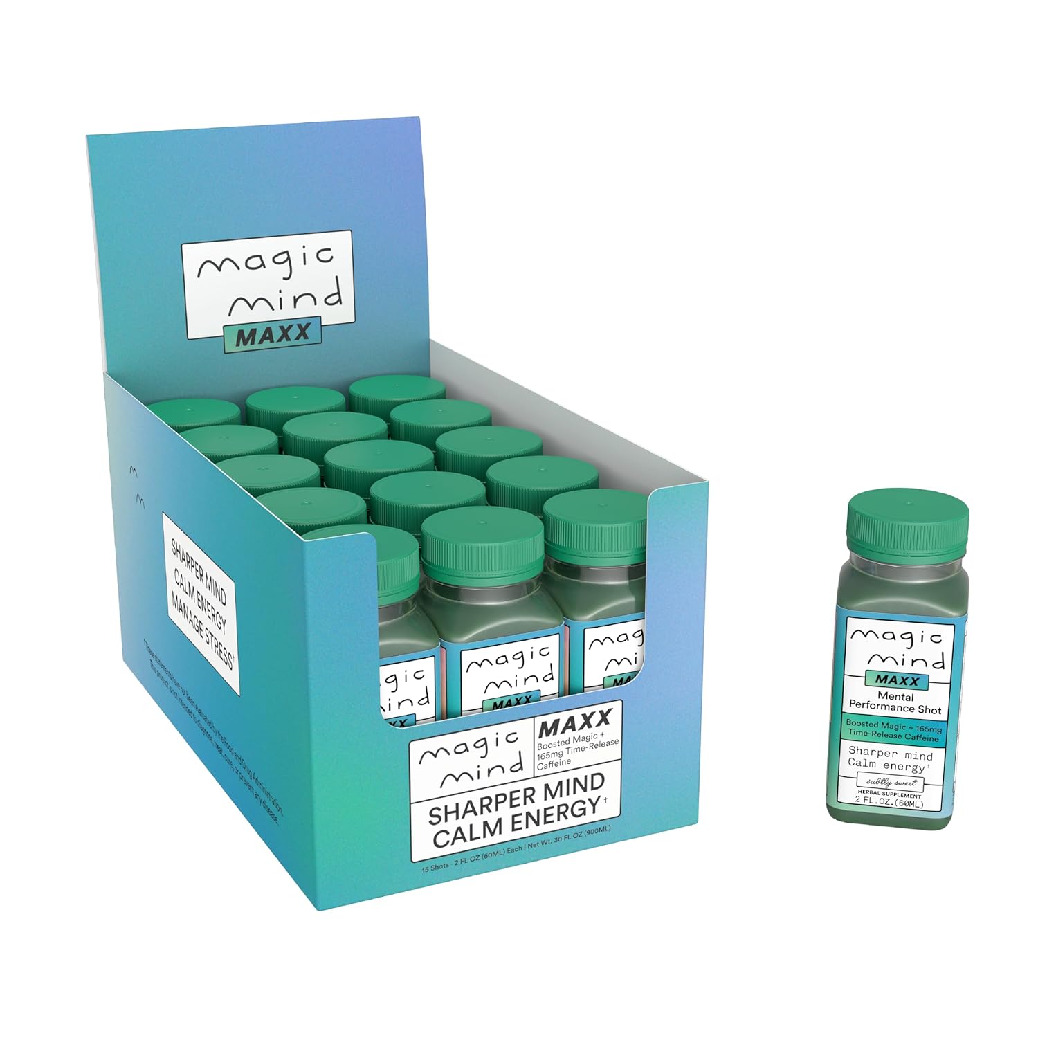 Magic Mind MAXX Energy and Focus Drink Shots - Stress Relieving, No Jitters, Ashwagandha, Vitamin B12, Vitamin C, Matcha Green Tea, Functional Mushrooms 165mg Caffiene - 2 FL Oz (15 Pack)