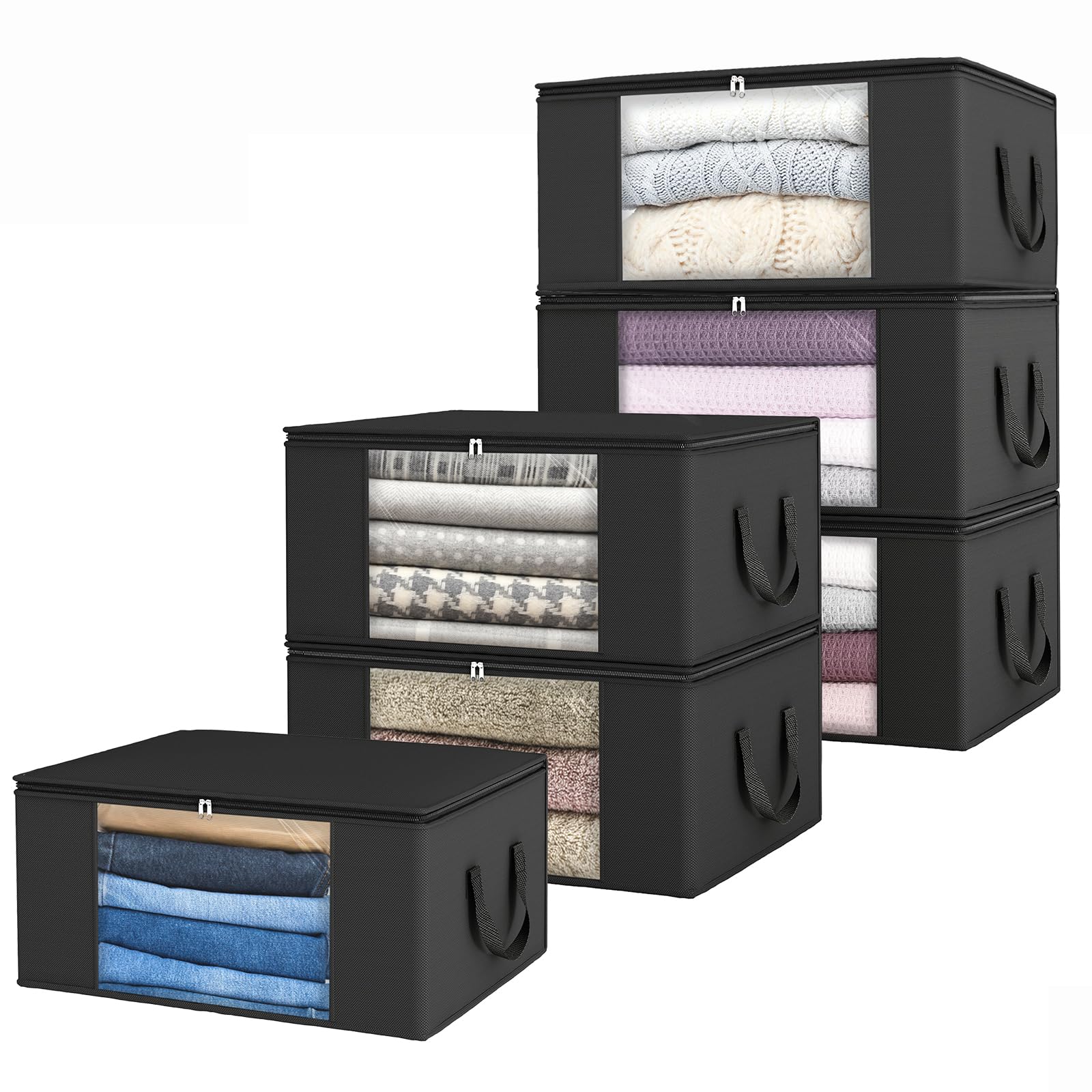 Fixwal Clothes Storage 6 Pack Storage Containers 48L Foldable Blanket Storage Bags for Organizing Clothing Bedroom Comforter Closet Dorm Sweater Quilts Organizer Black