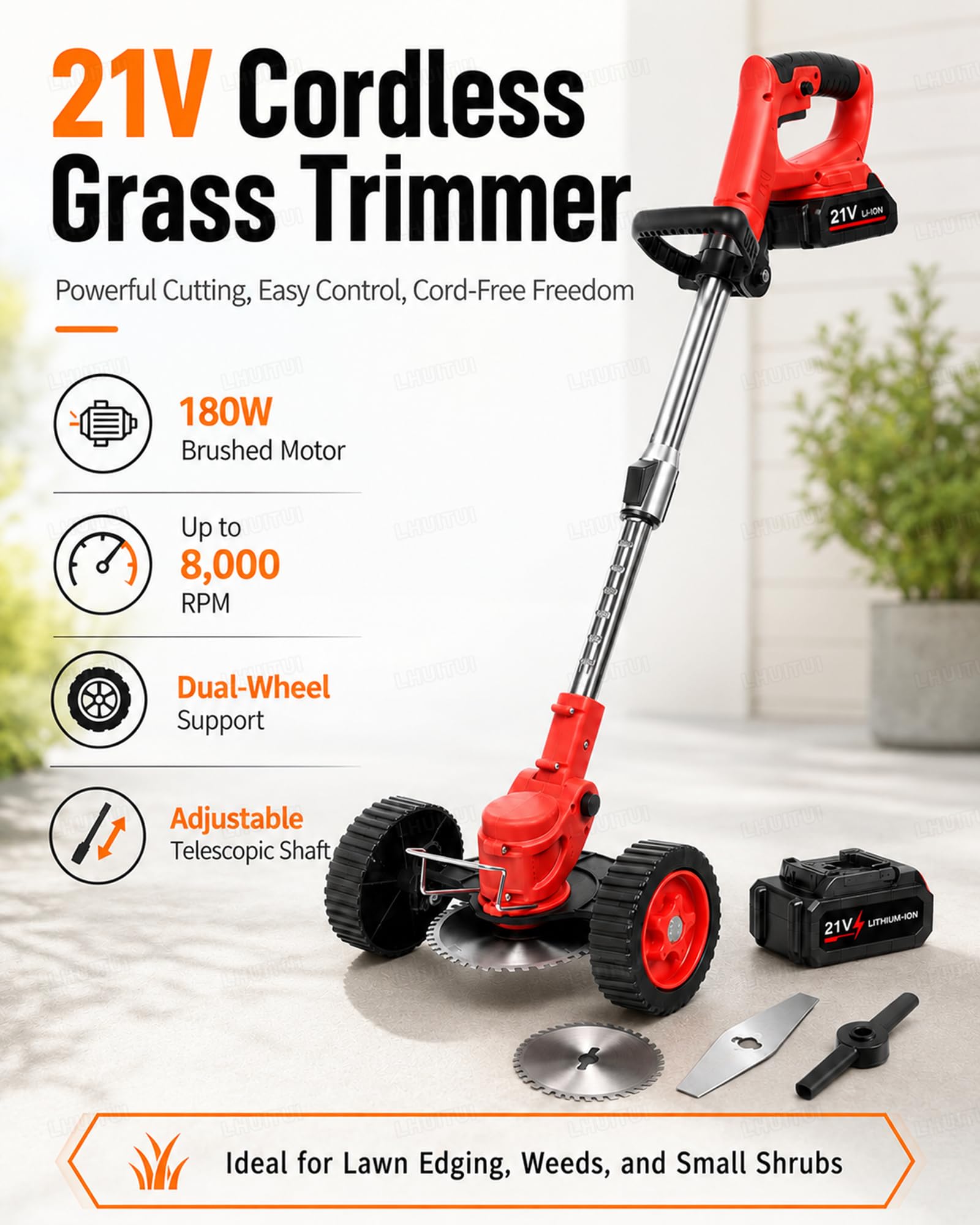 Cortabordes Inalámbrico con Disco de Sierra de 15 cm y 7 Cuchillas Black-5-CellBattery | El disco corta ramas pequeñas, las cuchillas metálicas trabajan maleza densa y las plásticas perfilan el césped