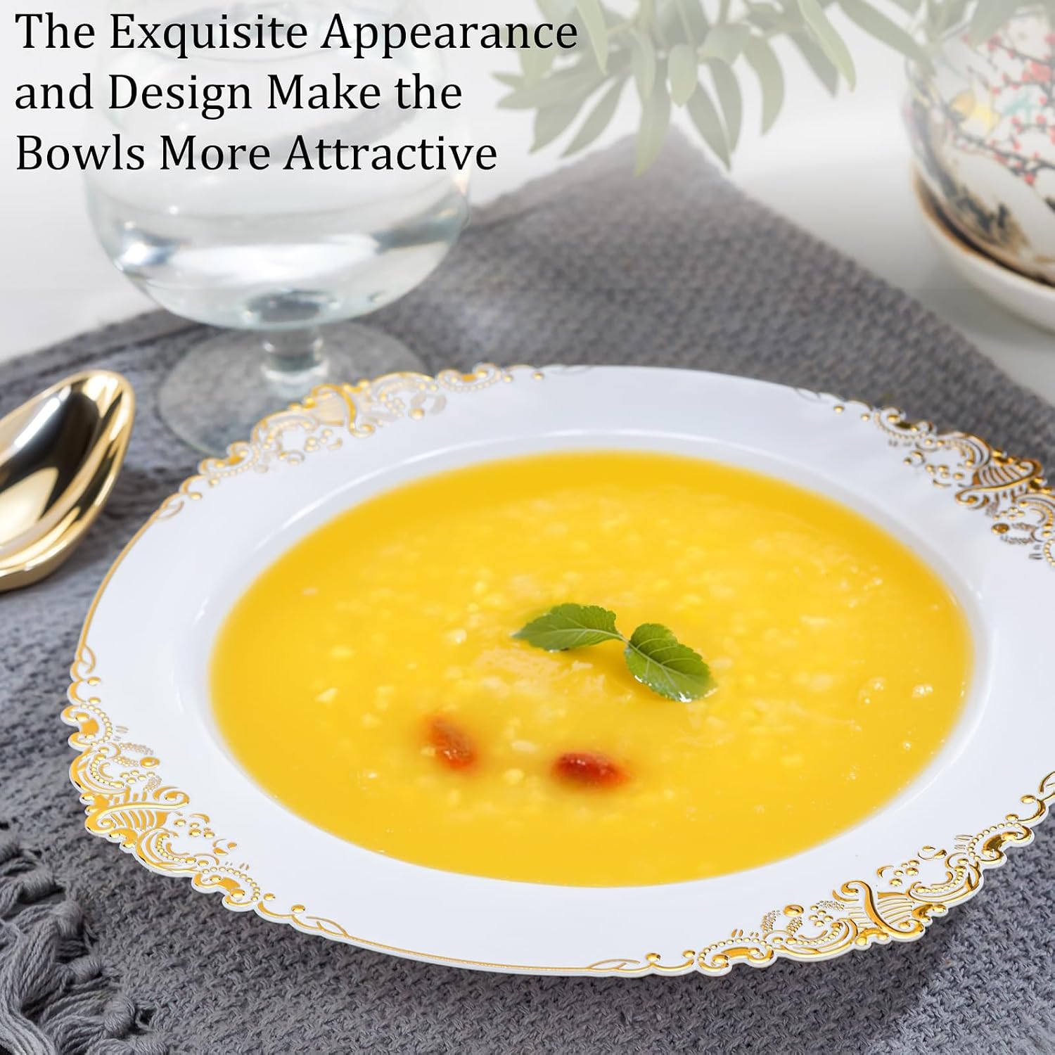 Nervure 50 Pack White Plastic Bowls with Gold Rim - 12oz Disposable Soup Bowls - Heavy Duty Dessert Bowl, Salad Bowl Perfect for Weddings, Parties, Mothers Day