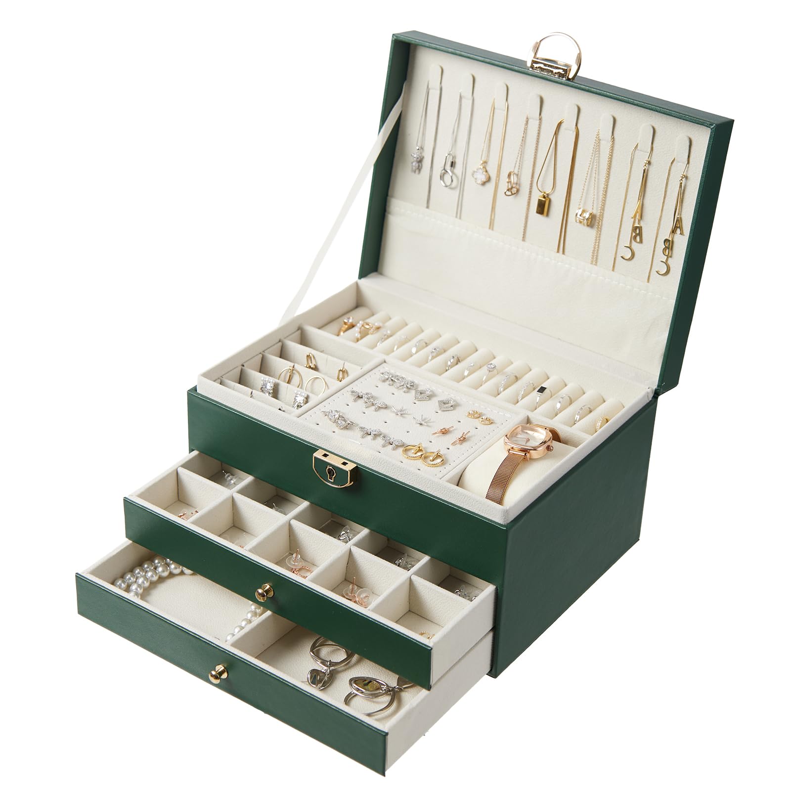 3 Layer Jewelry Box with Lock Women Large Jewelry Holder Organizer with Drawer for Necklaces Rings Bracelets Earrings
