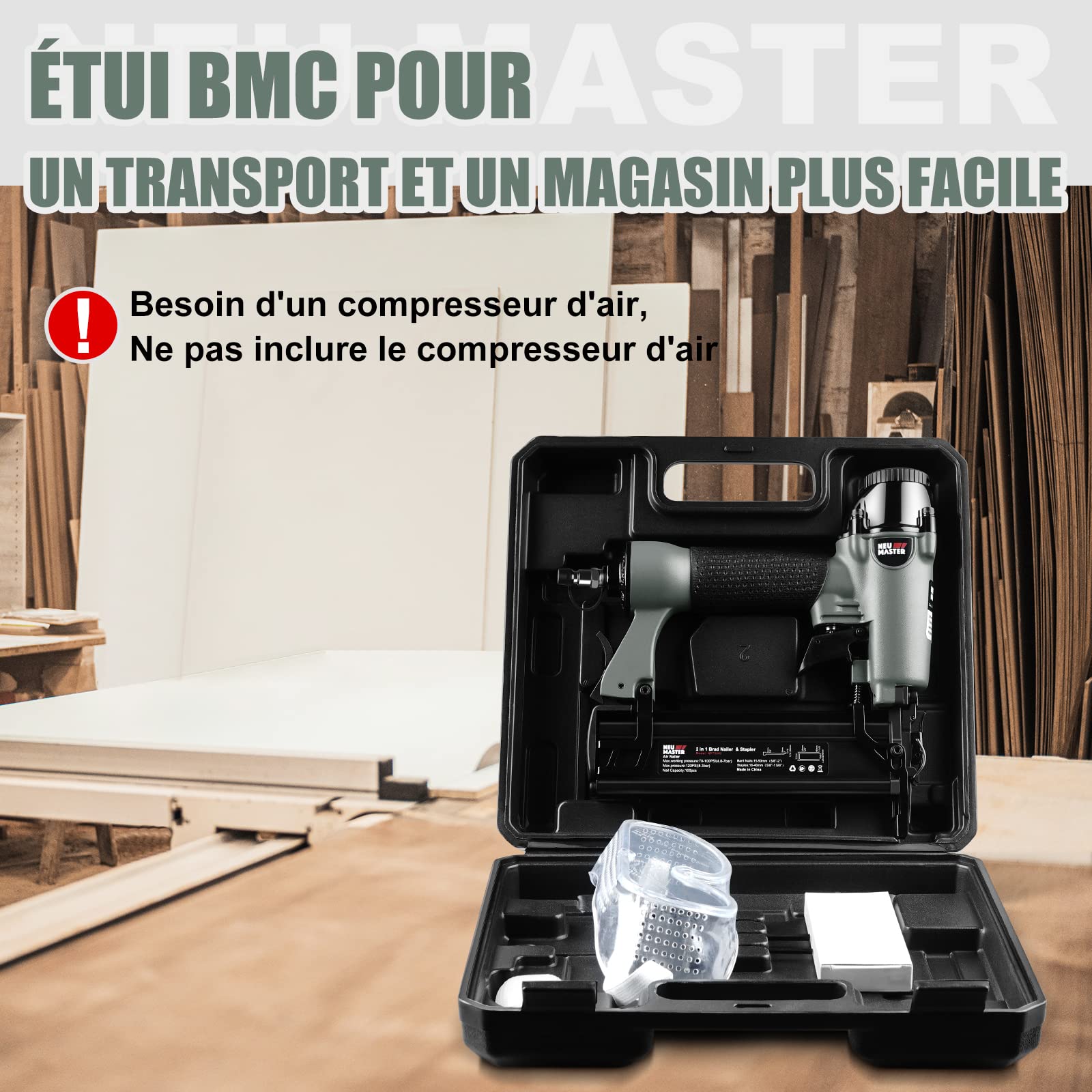 NEU MASTER Cloueuse/Agrafeuse Pneumatique Multifonctionnelle 2 en 1 avec 800 Clous, 200 Agrafes, étui de Transport, Lunettes de Potection, Bouteilles en Plastique Vides et 2 clés Allen