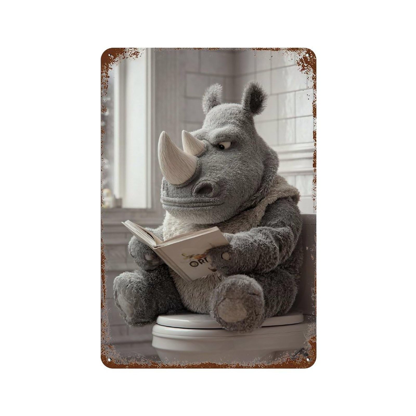 Rhino Reading on Toilet Decorative Tin Sign 11.8"x7.9", Shabby Chic Decor for Garage, Pub Or Kitchen