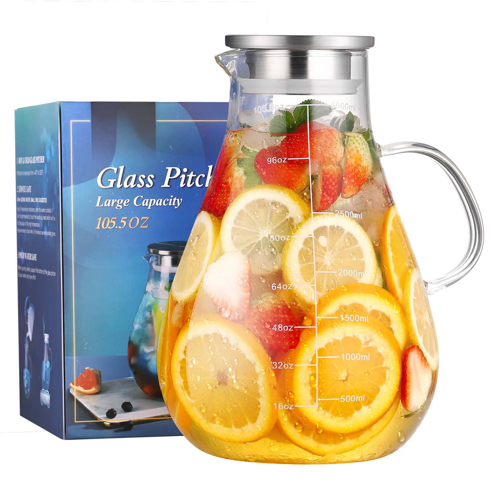 Buy Glass Water Jug, 3.0 L Glass Jug with Lid, BELIBUY Water Jug with