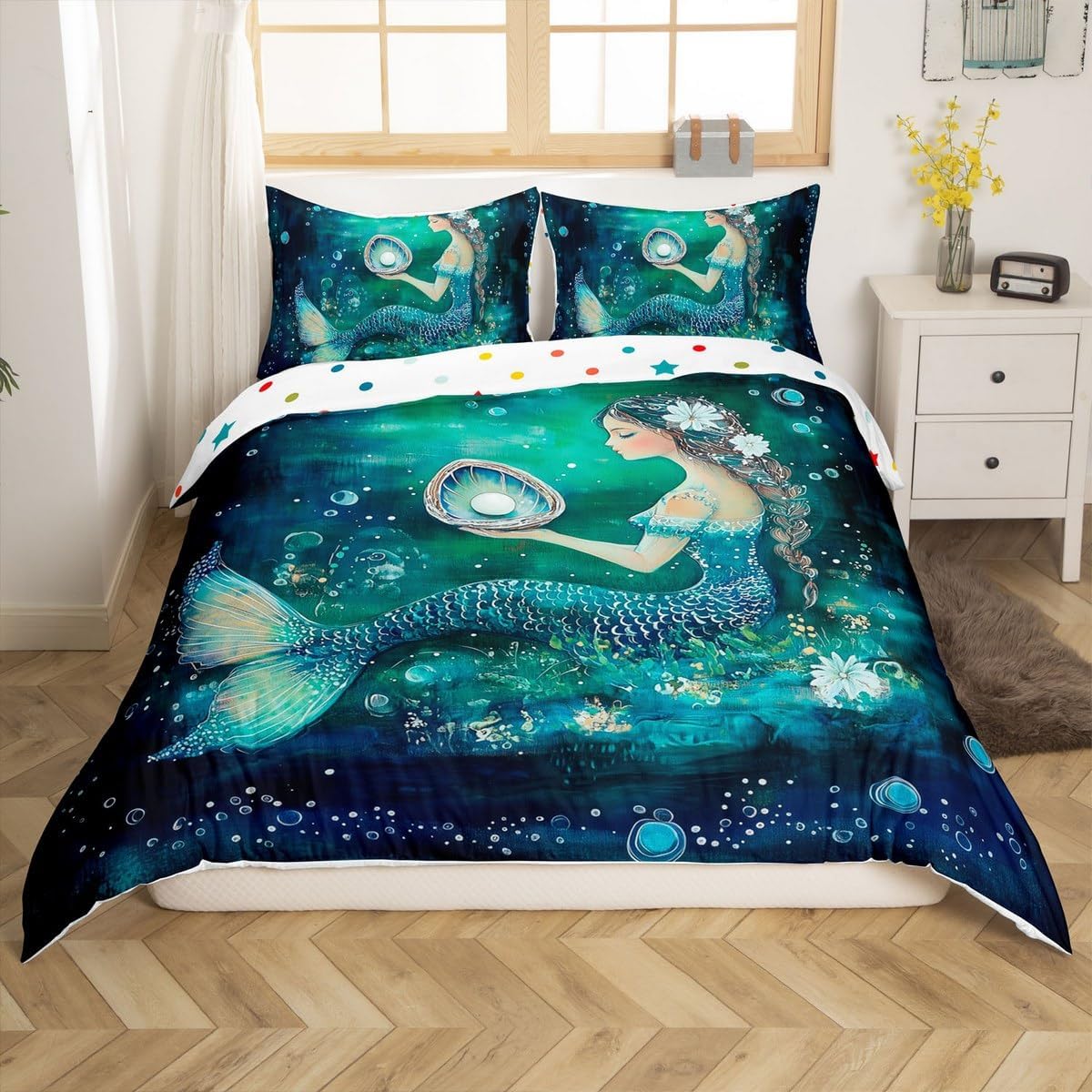 Mermaid Duvet Cover Set Toddler Size,Dreamy Ocean Princess Bedding Set(No Comforter),Fairy Tale Sealife Quilt Cover for Kids Bedroom Decor,2 Pcs