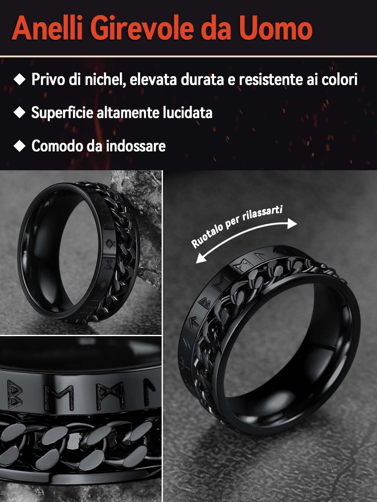 FaithHeart Anti-stress Anello Vichingo a Catena Ruotabile Ansiolitico Anello Uomo Runa Anello Personalizzabile Nome Inciso Data Inciso Anello Punk Hip-pop Taglia IT 14-32