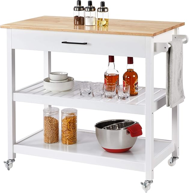 Yaheetech Rolling Kitchen Island Cart, Kitchen Storage Trolley on Wheels with Storage Shelves, Drawer, and Side Handle for Dining Room/Living Room/Kitchen, Solid Wood Countertop, White