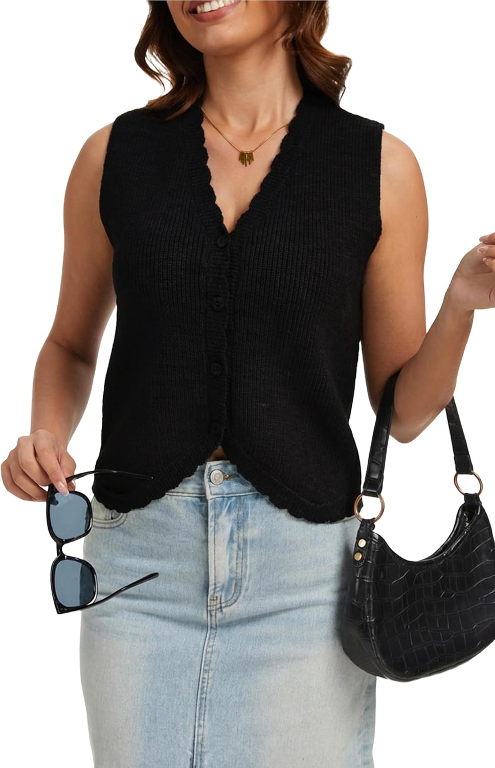 Women's Sweater Vest Top Sleeveless V Neck Button Down Ribbed Knit Casual for Spring Summer