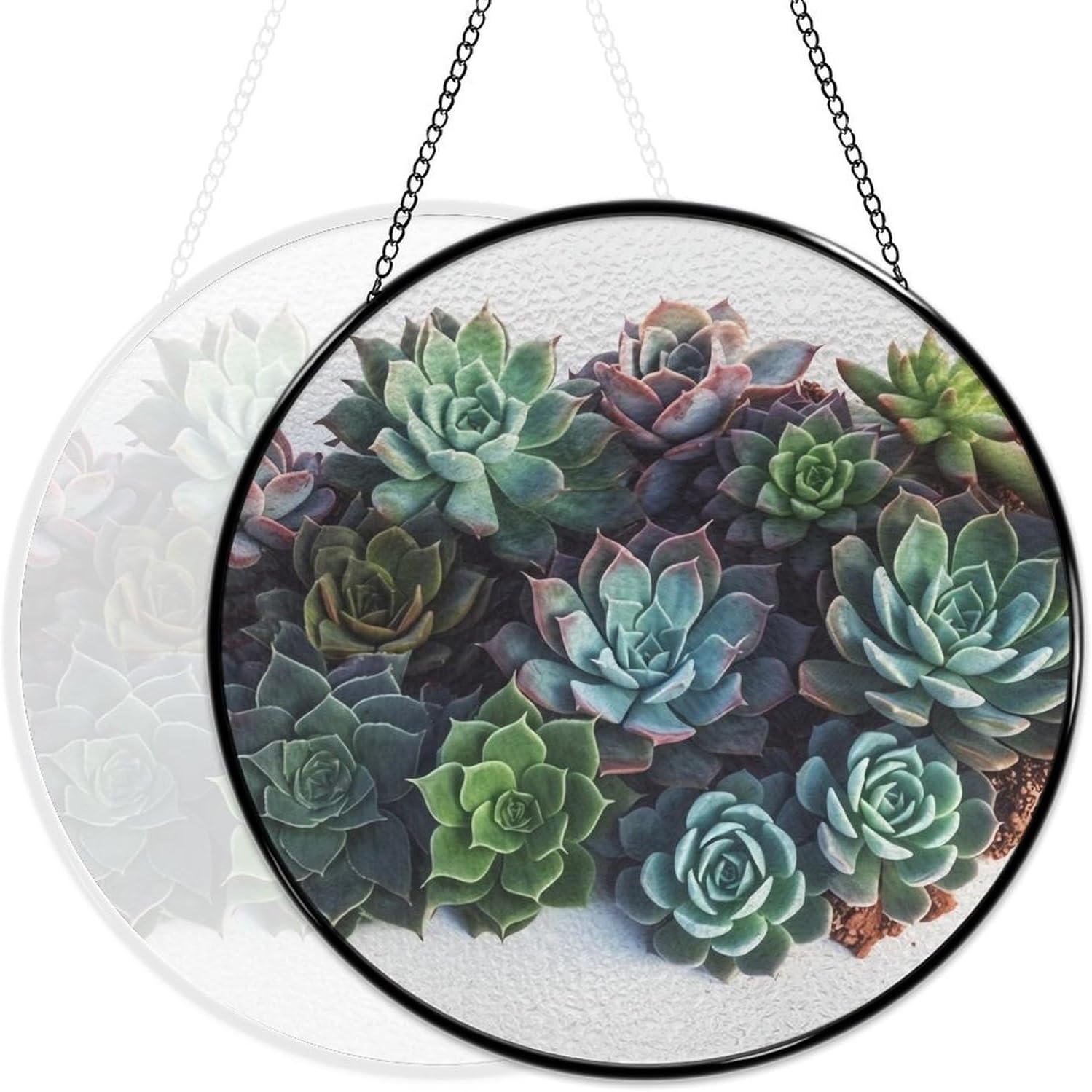 Stained Glass Window Hanging 30x30cm Window Suncatcher Glass Panel with Metal Chain Succulent PlantsSun Catchers Wall Art Home Decor Gift for Women Mother's Day