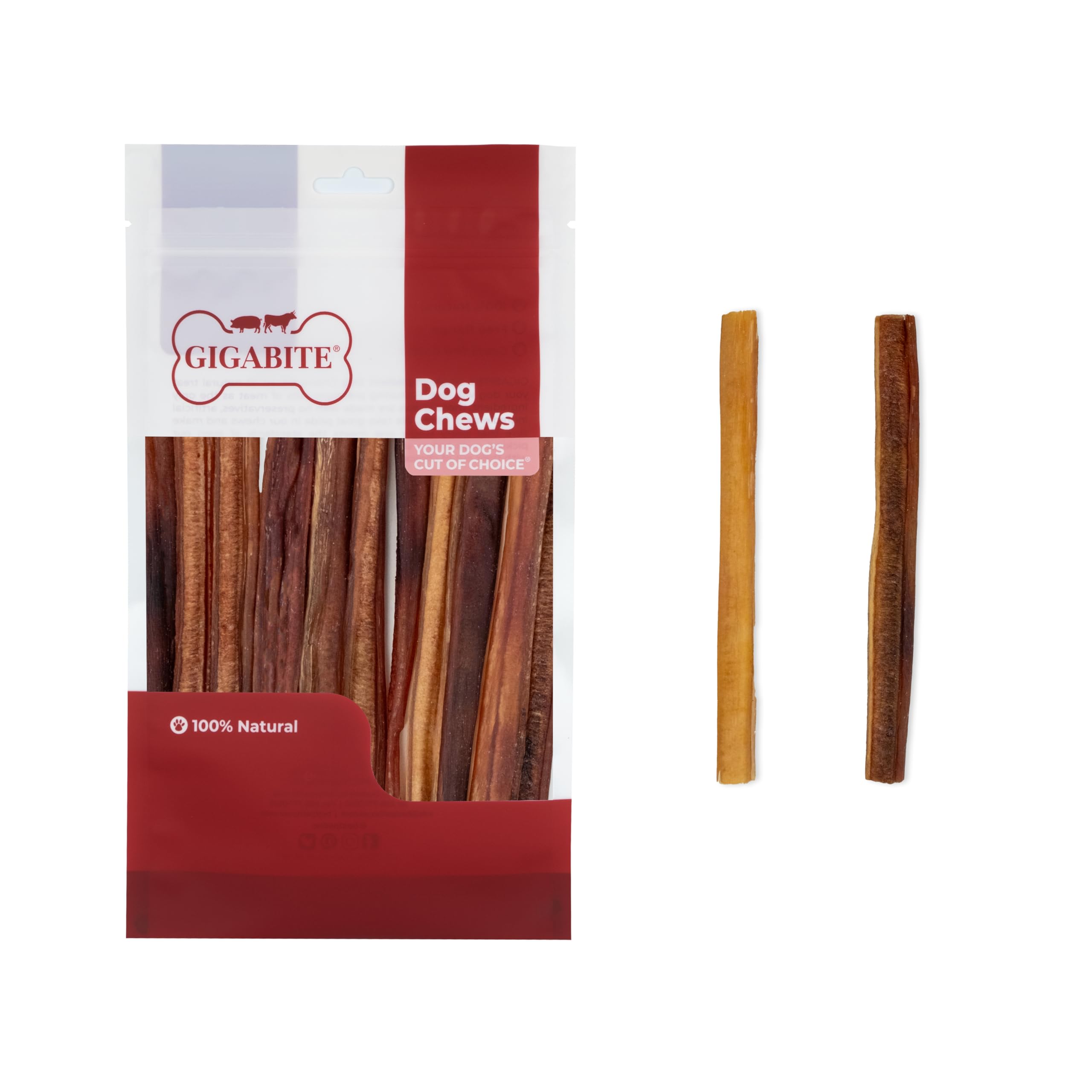 GigaBite Bully Sticks for Dogs All Natural Beef Pizzle Dog Chews, Odor &amp; Rawhide Free Dog Treats, Long Lasting High Protein Chews Digestible Dental Dog Treat - Sticks (Medium Half-Cut 6"), Pack of 20
