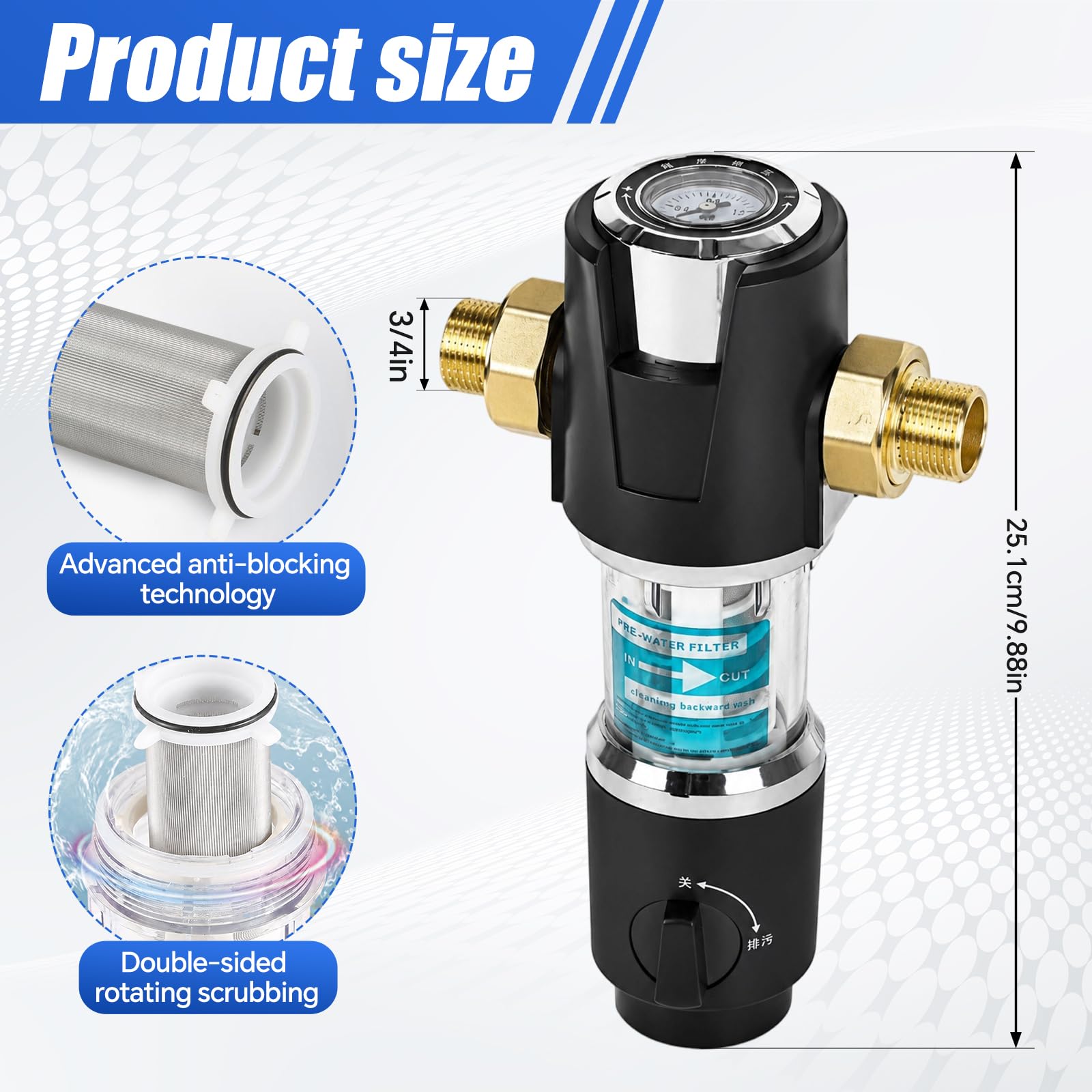 Filtro de agua para el hogar lavable con manómetro, prefiltro de latón de 40 micrones, filtro reductor de presión con colador de acero inoxidable para calentador de agua, lavadora (3/4 pulgadas)