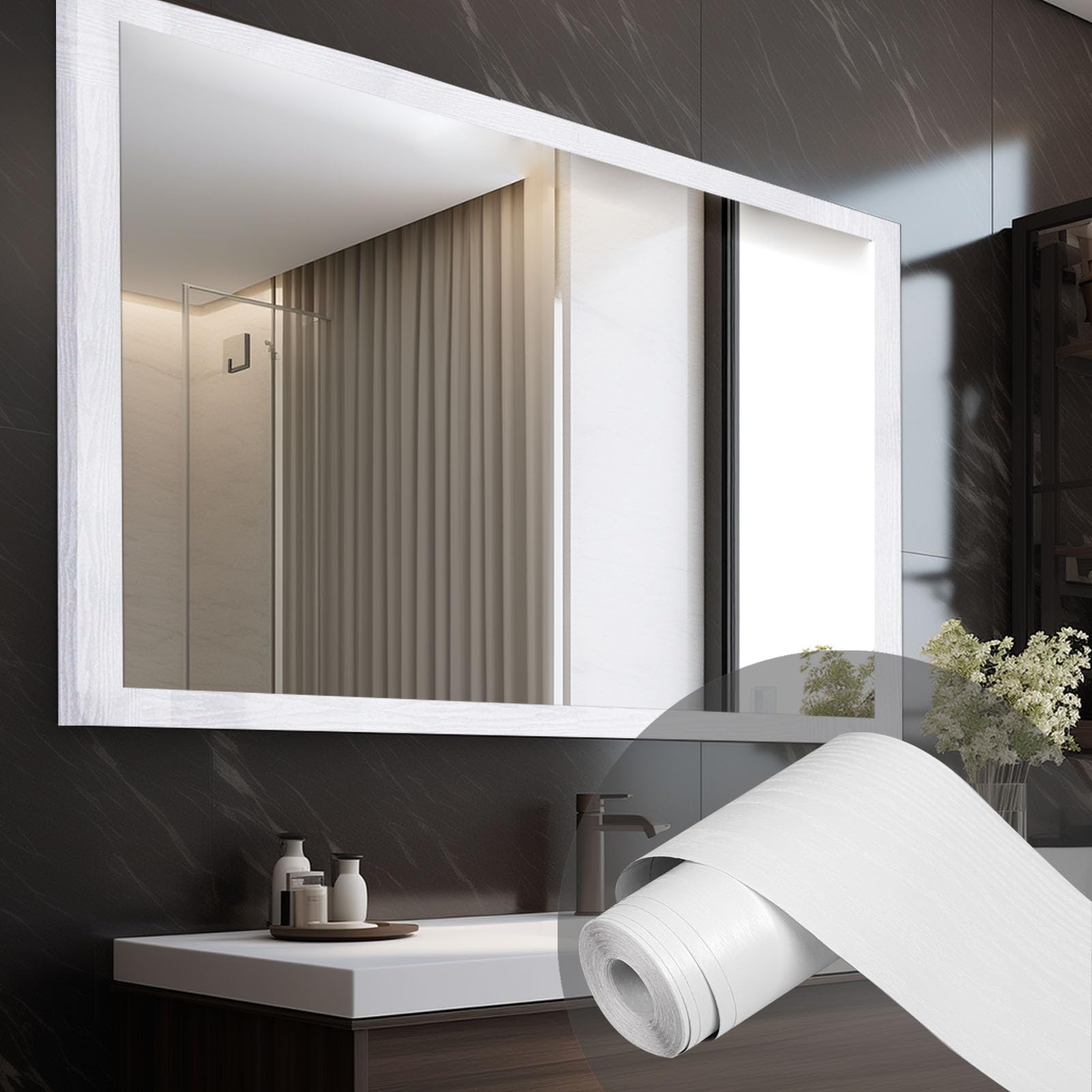 Alened Black Mirror Wood Grain Wallpaper Border - Peel And Stick, Removable, Waterproof (3.93'' X 393')