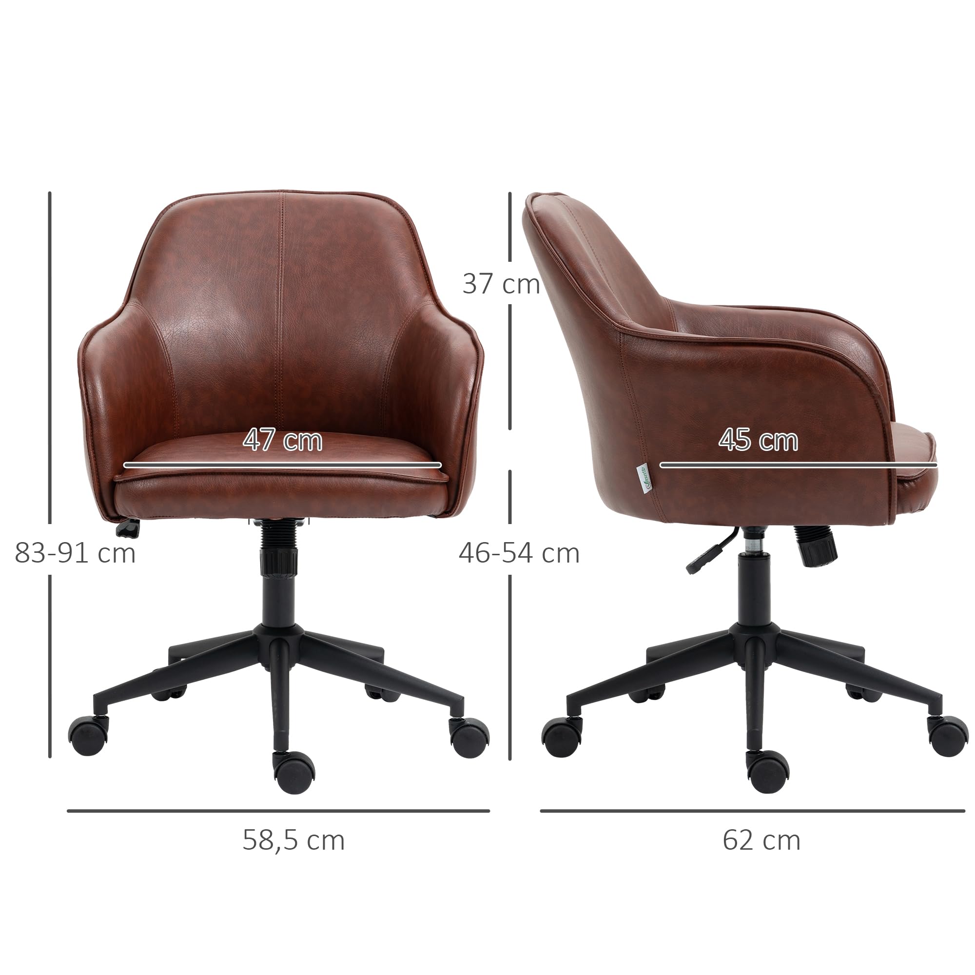 Vinsetto Bürostuhl mit Wippfunktion, Rollen, 83-91 cm, Drehstuhl, Braun