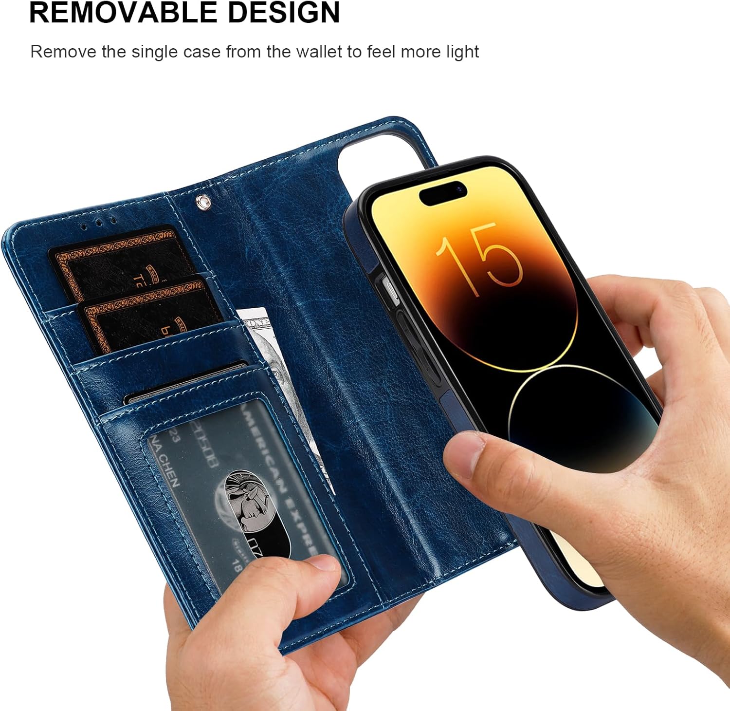 Bocasal Detachable Wallet Case for iPhone 15 RFID Blocking Card Slots Holder Premium PU Leather Magnetic Kickstand Shockproof Wrist Strap Removable Flip Protective Cover 5G 6.1 inch (Blue)