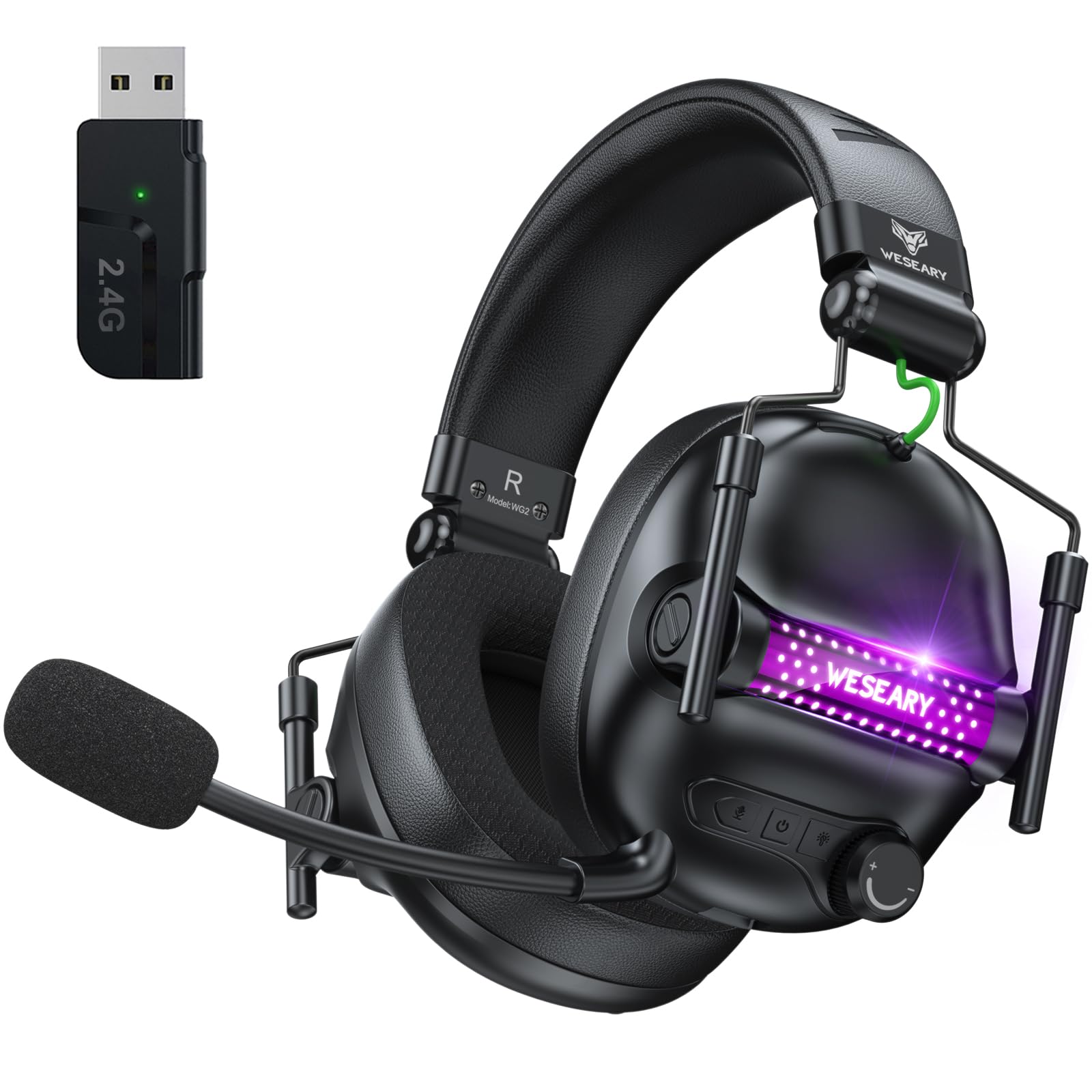 WESEARY WG2 Cuffie Gaming Wireless, 2,4 GHz Cuffie Gaming con Microfono per PS5, PS4, PC, Switch, Mac, Mobile, con Stereo, Cuffie Bluetooth Over Ear con Luce LED, Batteria da 50 Ore