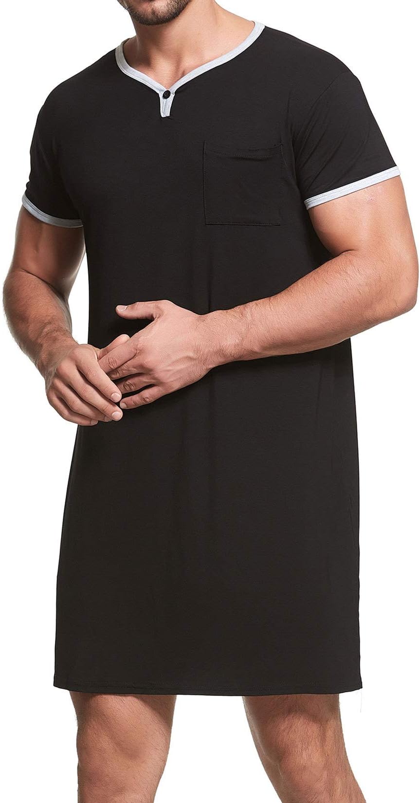 Lu's ChicMen's Nightshirt Robe Short Sleeve Nightgown Henley Sleep Gowns Nightwear for Sleeping