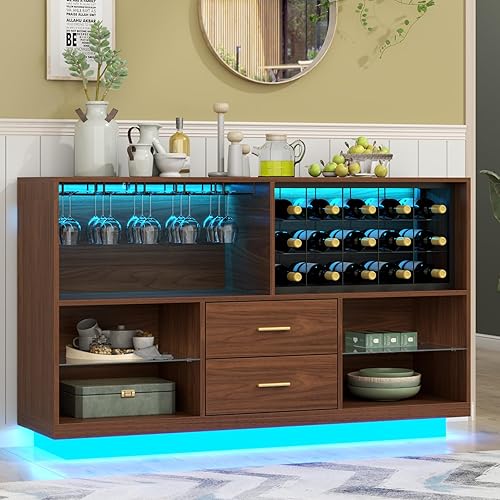 Miniatura 3 de Loomie Moderno gabinete de bar de vinos con luces LED y cajones, aparador LED con estante para vino y soporte para vidrio, gabinete de bar de café