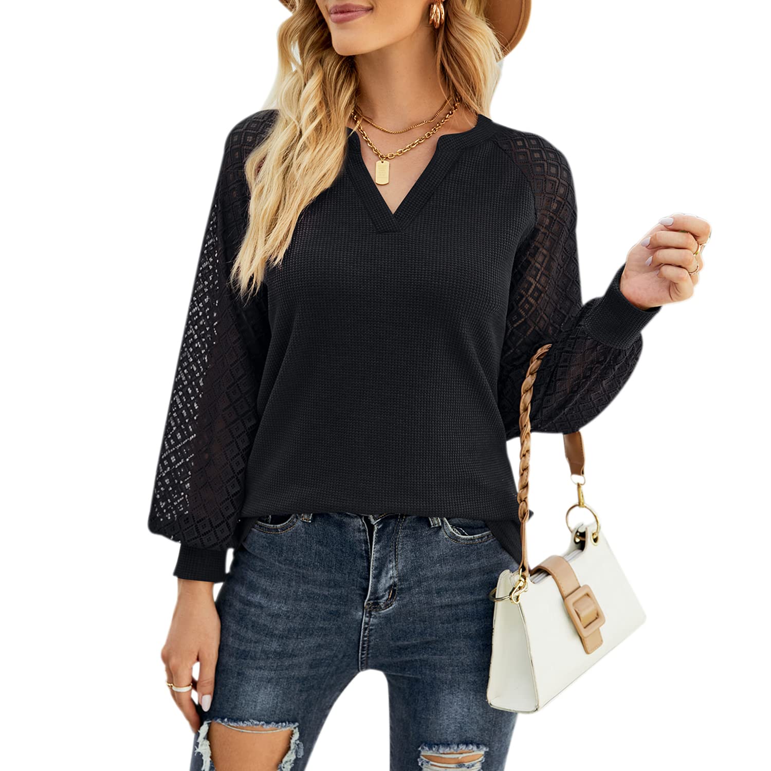 RAMOUG Women's Soft V Neck Waffle Knit Tops Lace Long Sleeve Solid T Shirts